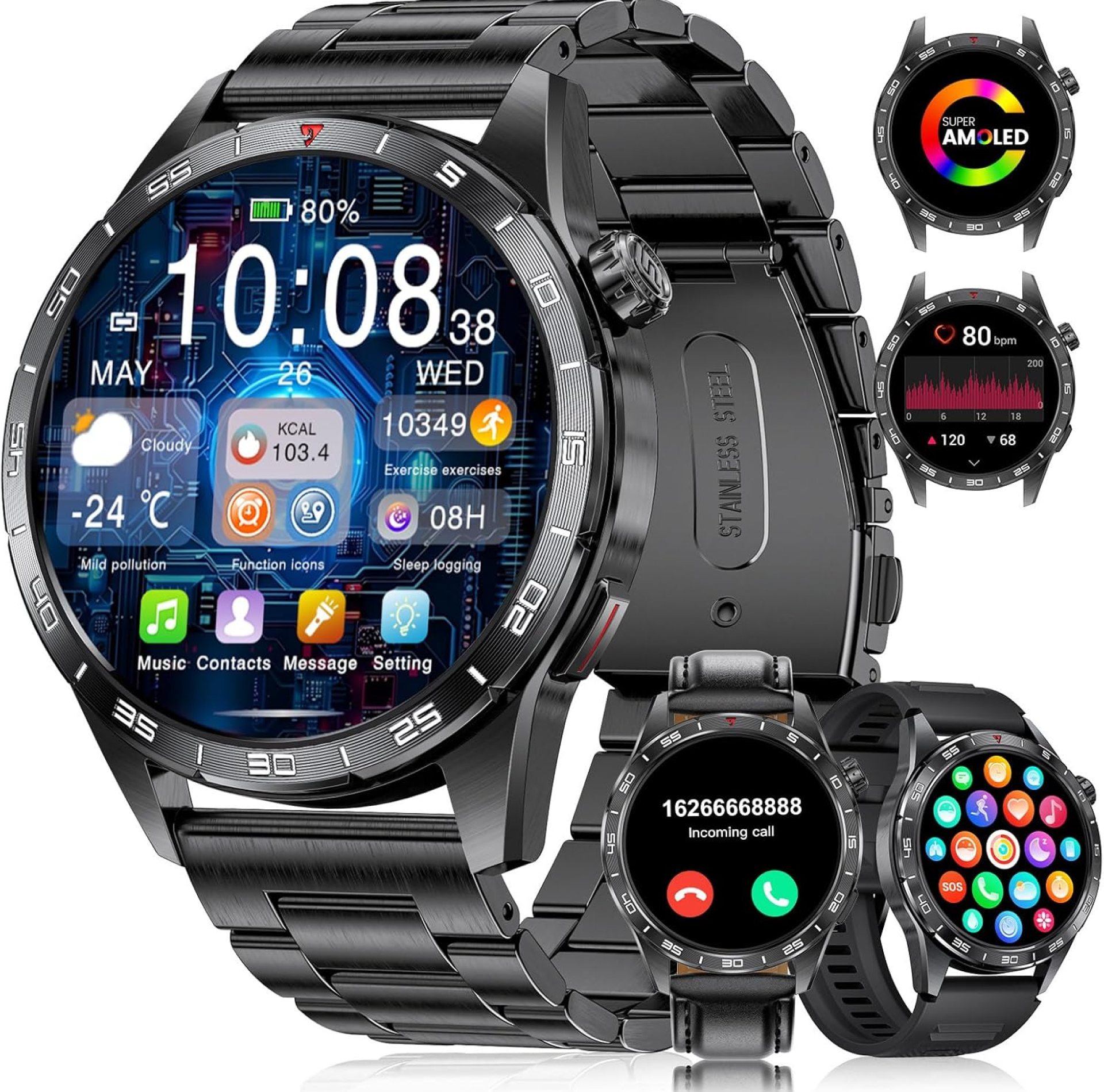 Smart Watch for Men (3 Straps),Answer/Make Calls,1.43” AMOLED,IP68 Waterproof,110+ Sports Modes Fitness Watch with Sleep Monitor/SpO2/Heart Rate/Pedometer Rugged Outdoor Smart Watch for Android/iOS Smart Watch for Men (3 Straps),Answer/Make Calls,1.43” AMOLED,IP68 Waterproof,110+ Sports Modes Fitness Watch with Sleep Monitor/SpO2/Heart Rate/Pedometer Rugged Outdoor Smart Watch for Android/iOS