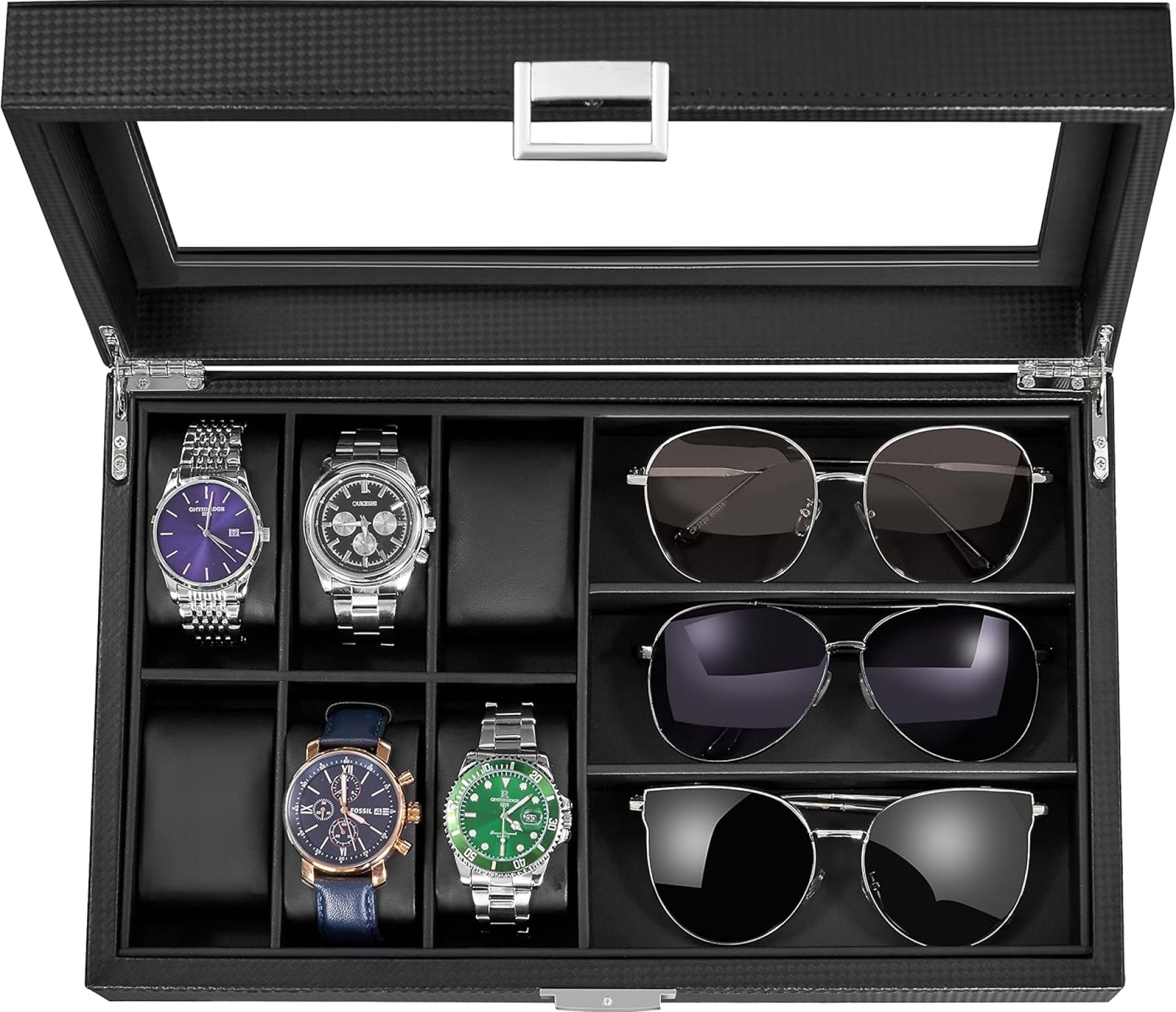 BEWISHOME Watch Box Sunglass Organizer with Real Glass Top, 6 Watch Case and 3 Slots Sunglasses Box for Men, Carbon Fiber Design, Black SSH18C BEWISHOME Watch Box Sunglass Organizer with Real Glass Top, 6 Watch Case and 3 Slots Sunglasses Box for Men, Carbon Fiber Design, Black SSH18C
