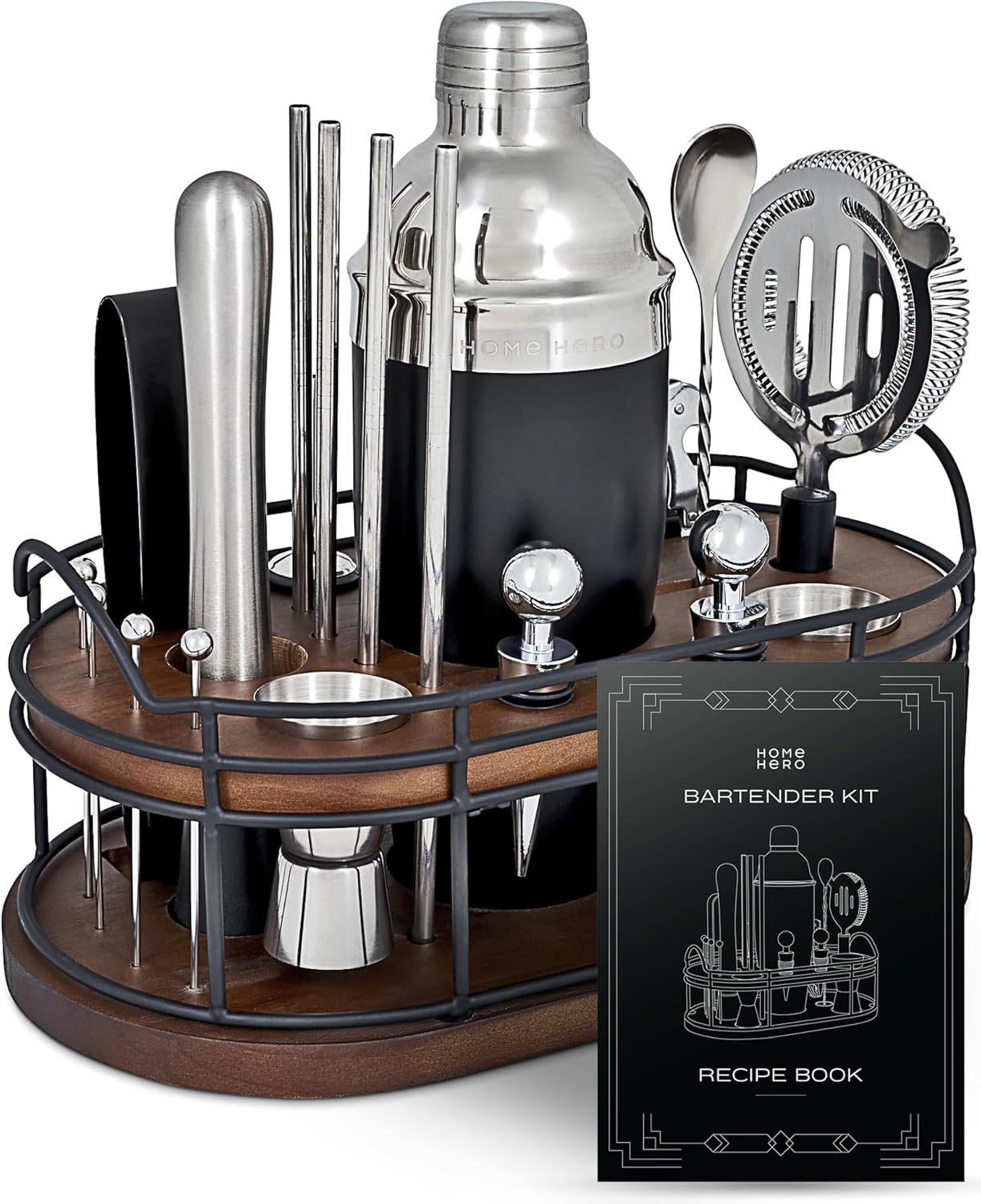 Home Hero Elegant 22-Piece Bartender Kit with Wooden Stand, Premium Bar Set & Cocktail Shaker, Gift for Home Bar and Cocktail Enthusiasts, Essential Bar Accessories with Recipe Book (22 Pcs – Silver) Home Hero Elegant 22-Piece Bartender Kit with Wooden Stand, Premium Bar Set & Cocktail Shaker, Gift for Home Bar and Cocktail Enthusiasts, Essential Bar Accessories with Recipe Book (22 Pcs – Silver)