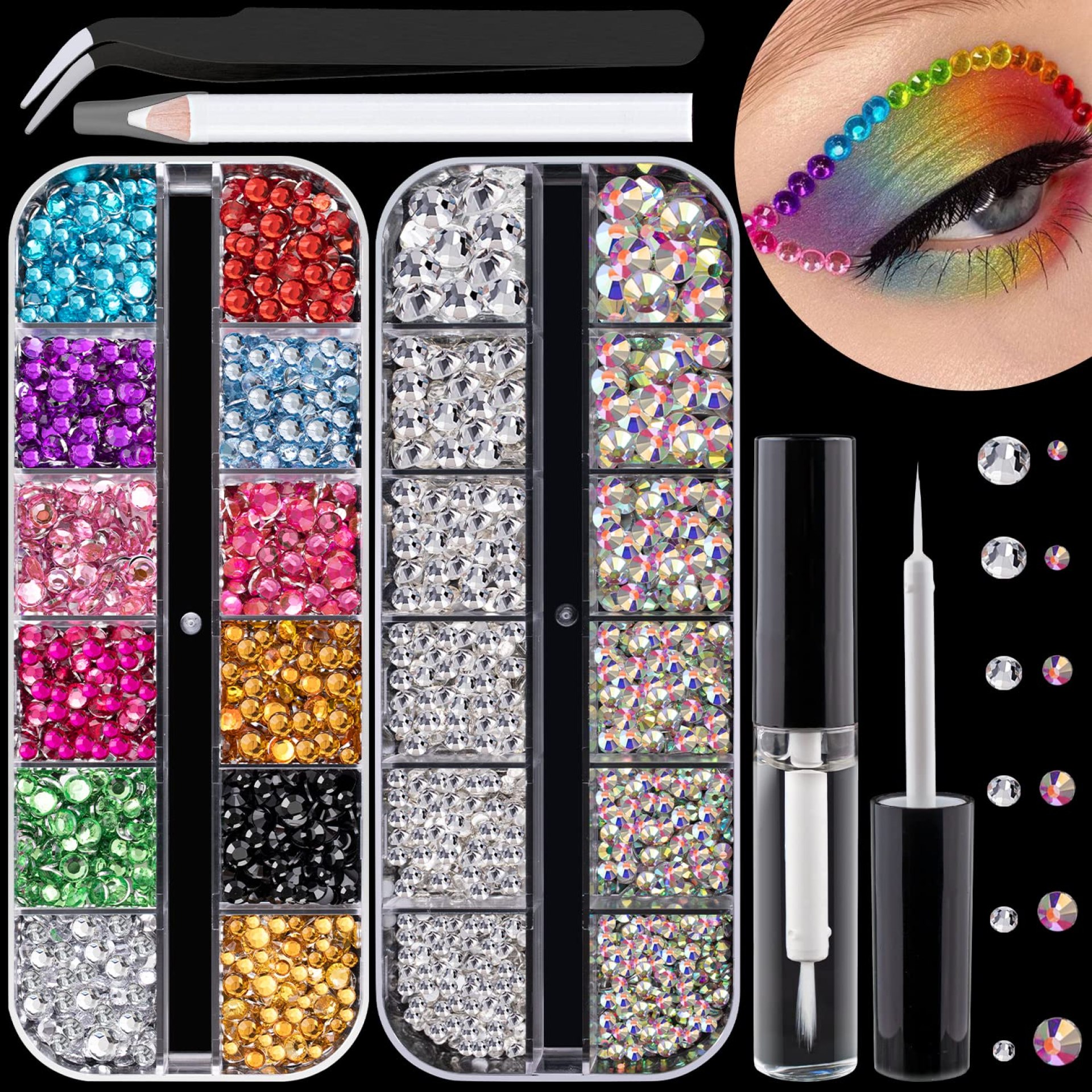 Flat Back Rhinestone Kits Colorful Rhinestones+Crystal AB&Transparent White Face Gems Nail Gem with Quick Dry Makeup Glue+Picker Pencil+Tweezer for Bedazzling Face Makeup and Nail Art Flat Back Rhinestone Kits Colorful Rhinestones+Crystal AB&Transparent White Face Gems Nail Gem with Quick Dry Makeup Glue+Picker Pencil+Tweezer for Bedazzling Face Makeup and Nail Art