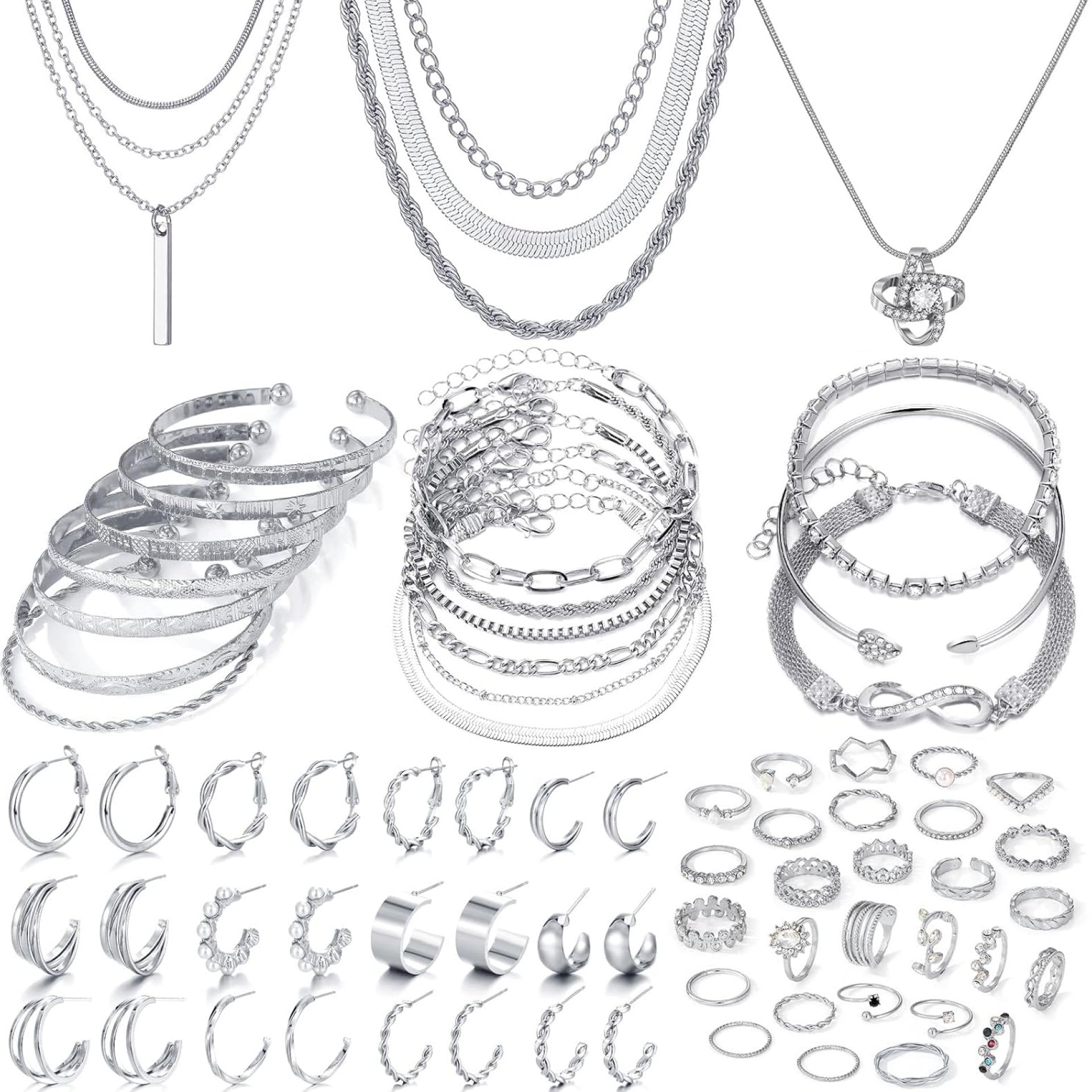 IFKM 36 PC Silver Plated Jewelry Set With 3 Necklace, 12 Bracelet, 7 Ear Cuffs Earring, 14 Knuckle Rings For Women Girls Valentine Anniversary Birthday Friendship Gift IFKM 36 PC Silver Plated Jewelry Set With 3 Necklace, 12 Bracelet, 7 Ear Cuffs Earring, 14 Knuckle Rings For Women Girls Valentine Anniversary Birthday Friendship Gift