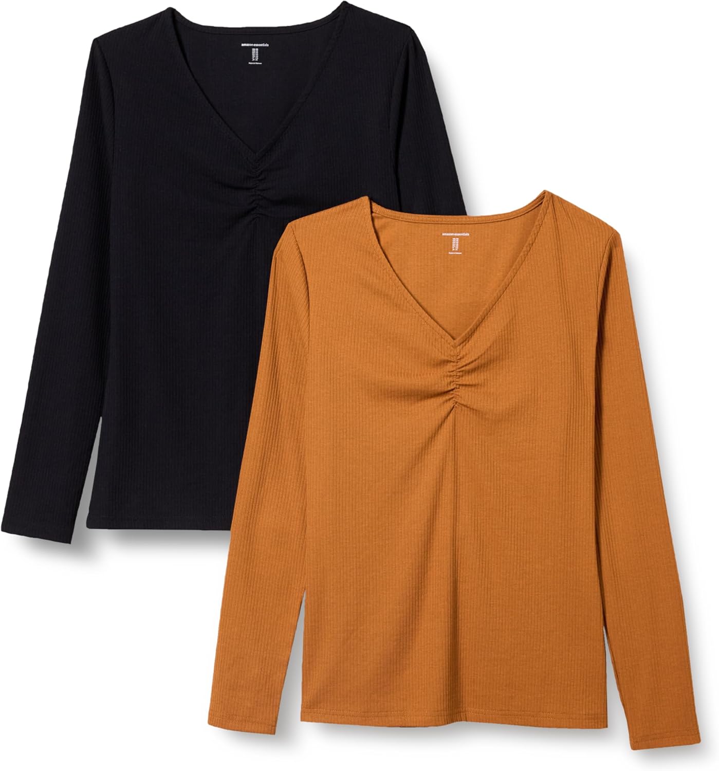 Amazon Essentials Women’s Cinched V-Neck Long Sleeve Slim-Fit Rib-Knit T-Shirt, Pack of 2 Amazon Essentials Women’s Cinched V-Neck Long Sleeve Slim-Fit Rib-Knit T-Shirt, Pack of 2