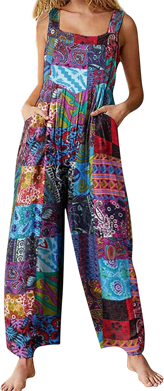 Himosyber Women’s Patchwork Dual Pocket Jumpsuit Loose Floral Print Bohemian Wide Leg Bib Overall Himosyber Women’s Patchwork Dual Pocket Jumpsuit Loose Floral Print Bohemian Wide Leg Bib Overall