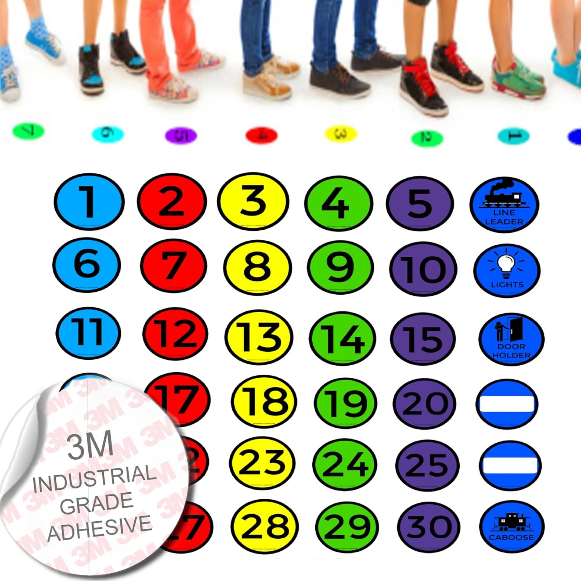 Line ‘Em Up Spots by Abaco Brands | PET Stickers | Numbered 1-30, 6 Colors Including Line Leader, Caboose, Lights, 2 Optional Decals, Set of 36, Classroom Line-Up Helpers for Teachers Line ‘Em Up Spots by Abaco Brands | PET Stickers | Numbered 1-30, 6 Colors Including Line Leader, Caboose, Lights, 2 Optional Decals, Set of 36, Classroom Line-Up Helpers for Teachers