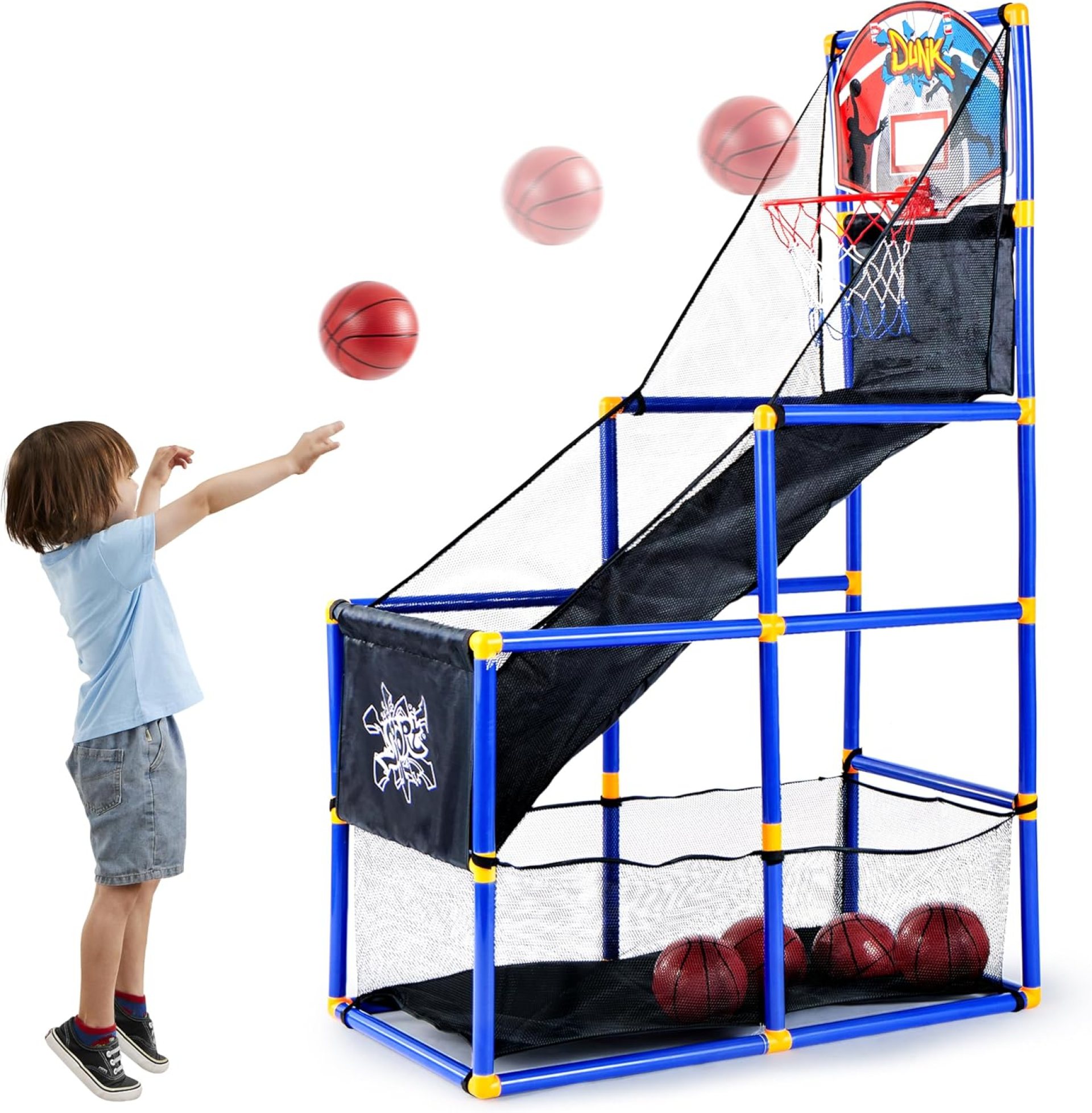 JOYIN Arcade Basketball Game Set with 4 Balls and Hoop for Kids 3 to 12 Years Old Indoor Outdoor Sport Play – Easy Set Up – Air Pump Included – Ideal for Competition JOYIN Arcade Basketball Game Set with 4 Balls and Hoop for Kids 3 to 12 Years Old Indoor Outdoor Sport Play – Easy Set Up – Air Pump Included – Ideal for Competition