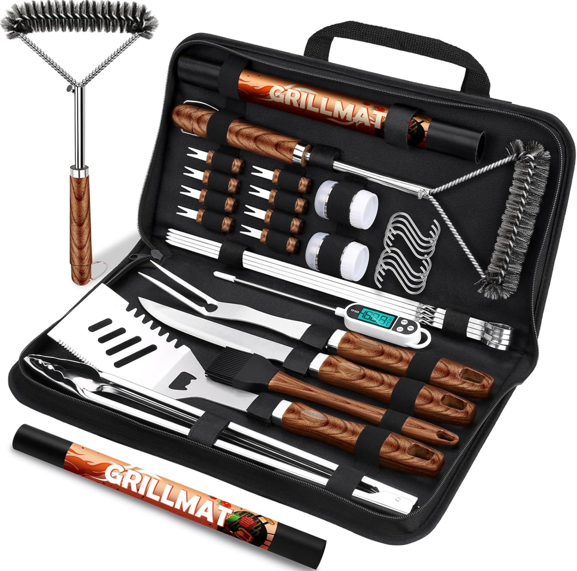 31pcs Stainless Steel BBQ Grill Accessories Set for Men Dad, Heavy Duty Grilling Tools for Outdoor Camping, BBQ Utensils Kit with Mats, Grill Brush in Carrying Bag Brown 31pcs Stainless Steel BBQ Grill Accessories Set for Men Dad, Heavy Duty Grilling Tools for Outdoor Camping, BBQ Utensils Kit with Mats, Grill Brush in Carrying Bag Brown