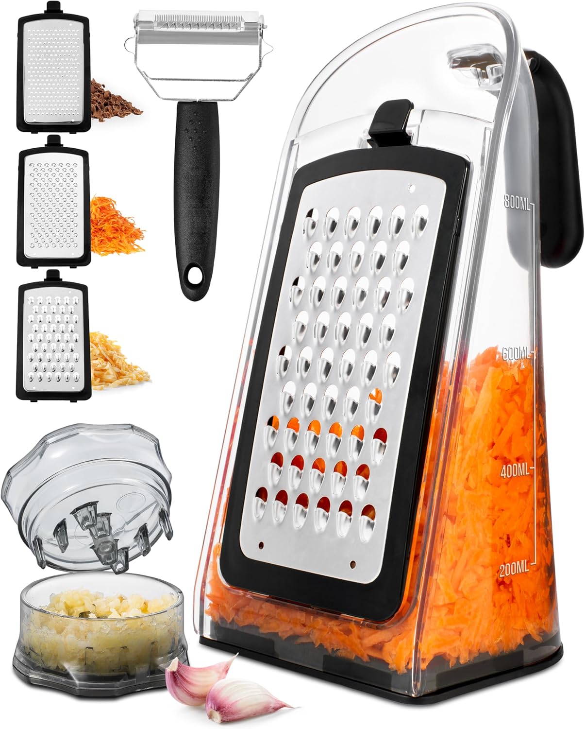 Cheese Grater with Garlic Crusher- Box Grater Vegetable Shredder with 3 Stainless Steel Blades – Graters for Kitchen- Cheese Graters with Handle – Garlic Mincer Tool and Vegetable Peeler Cheese Grater with Garlic Crusher- Box Grater Vegetable Shredder with 3 Stainless Steel Blades – Graters for Kitchen- Cheese Graters with Handle – Garlic Mincer Tool and Vegetable Peeler