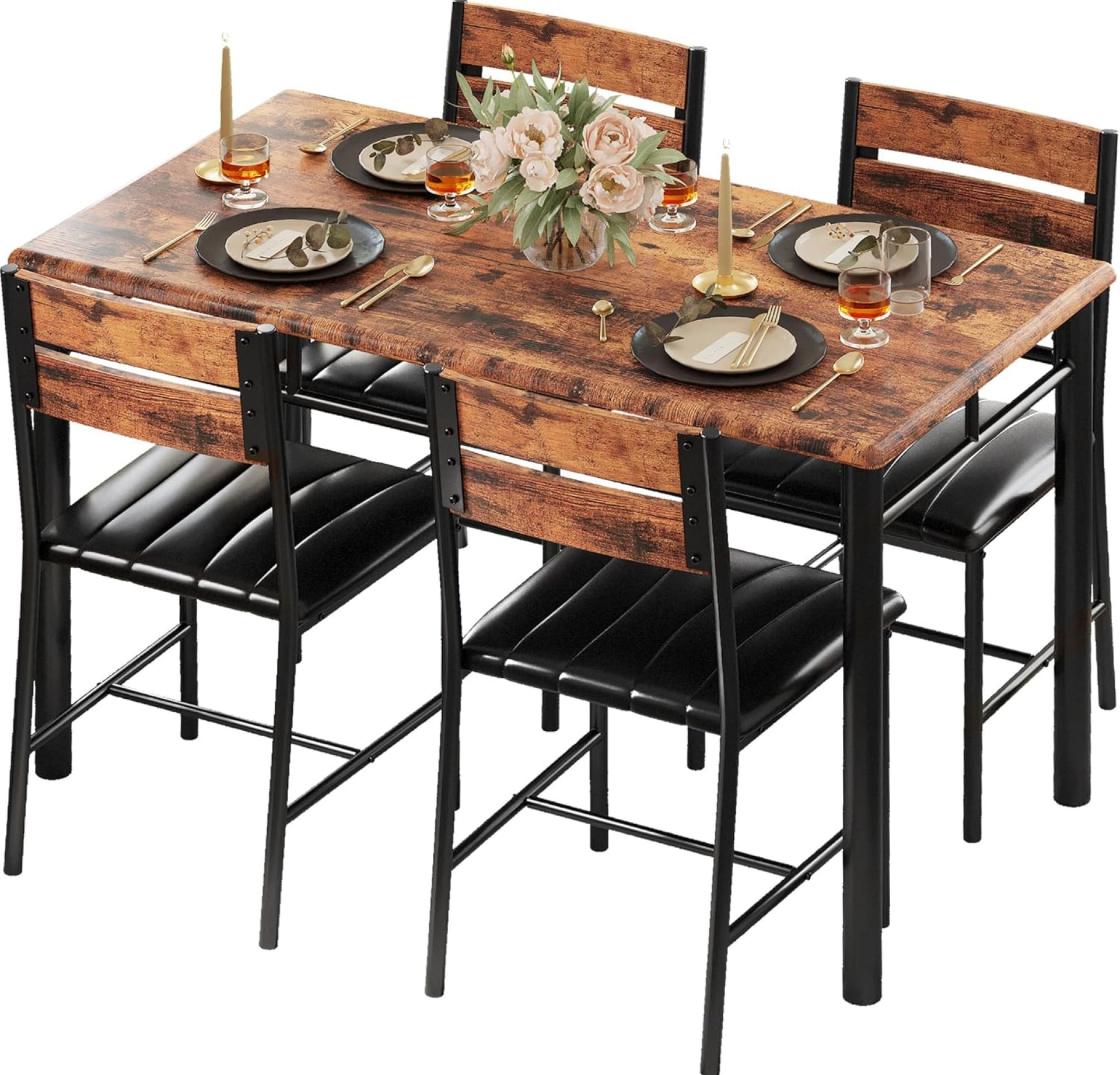 IRONCK Dining Table Set for 4, Wood Kitchen Table with Upholstered Chairs Dinning Table Set for Kitchen & Dining Room, Compact Dining Set for Small Spaces, Rustic Brown IRONCK Dining Table Set for 4, Wood Kitchen Table with Upholstered Chairs Dinning Table Set for Kitchen & Dining Room, Compact Dining Set for Small Spaces, Rustic Brown