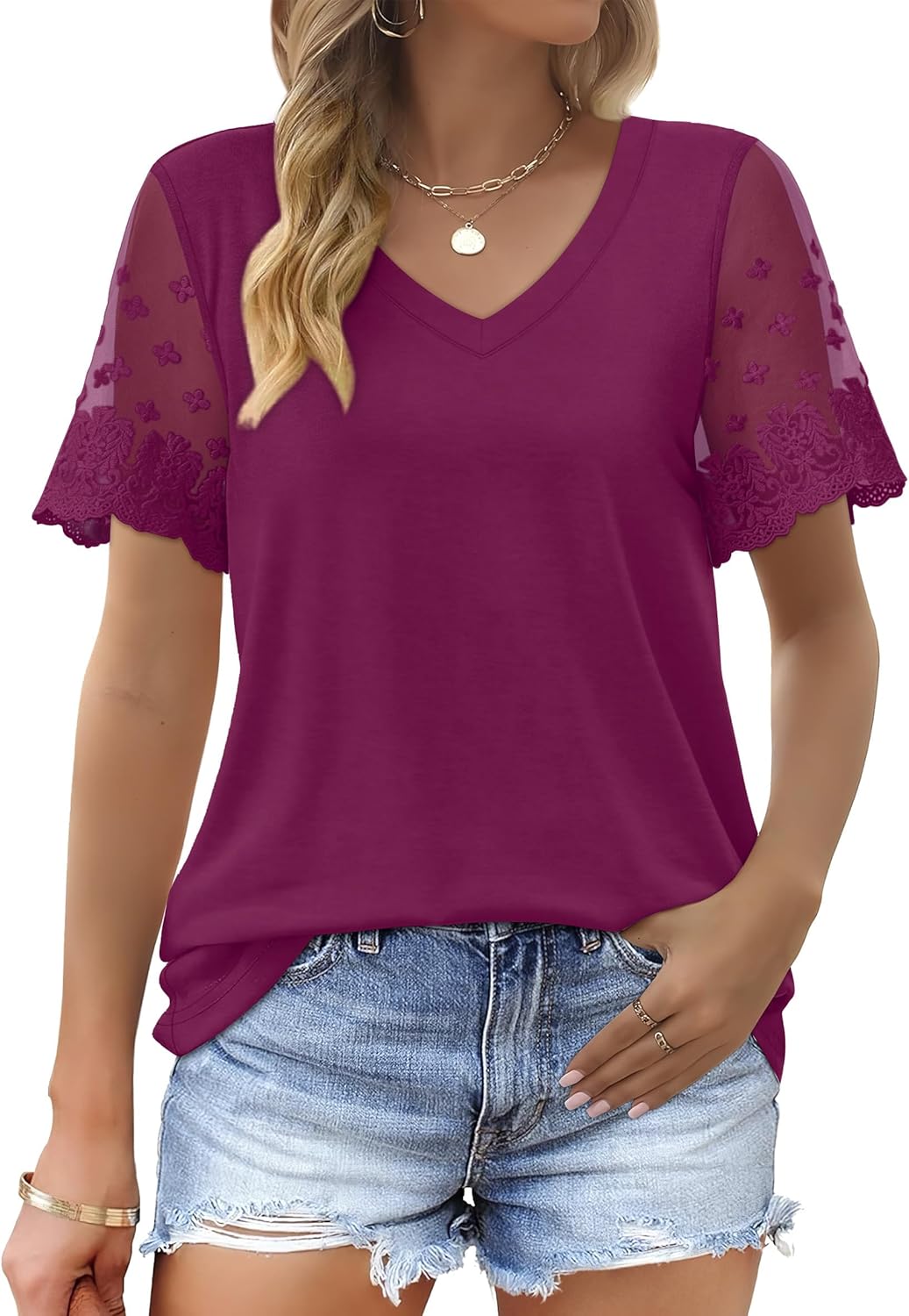 OFEEFAN Casual V Neck T Shirts for Women Lace Short Sleeve Curved Hem Tops Loose Fit OFEEFAN Casual V Neck T Shirts for Women Lace Short Sleeve Curved Hem Tops Loose Fit