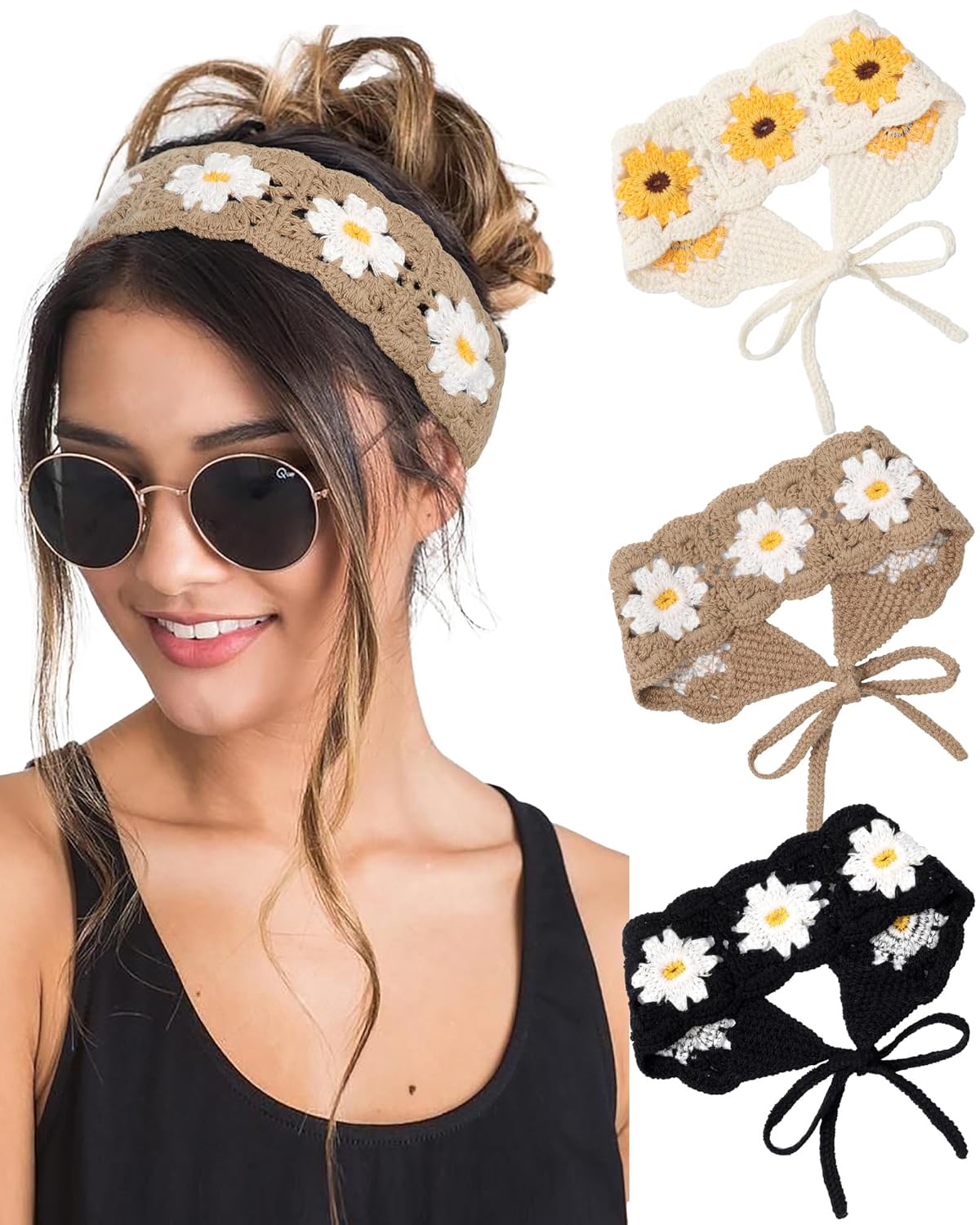 HAIMEIKANG Hippie Hair Bandanas Headbands for Women Boho Headband Knit Hair Bands Floral Head Wrap for Girls(Black+Coffee+Beige) HAIMEIKANG Hippie Hair Bandanas Headbands for Women Boho Headband Knit Hair Bands Floral Head Wrap for Girls(Black+Coffee+Beige)