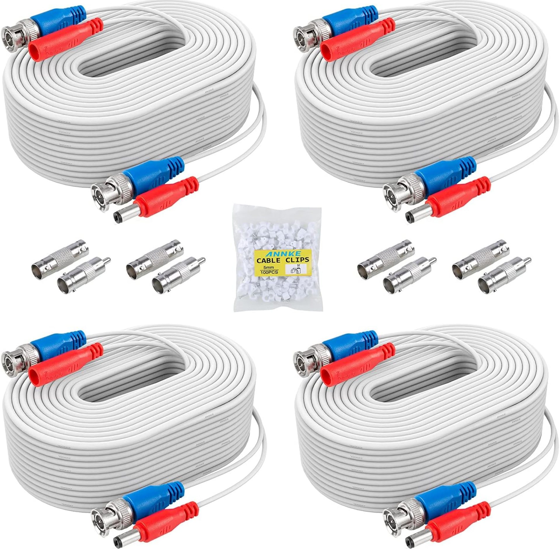 ANNKE 30M/100ft BNC Cable, Video Power Extension Surveillance Camera Cables for CCTV Security DVR System Installation, Free 8X BNC Connectors and 100pcs Cable Clips Included, 4 Pack, White ANNKE 30M/100ft BNC Cable, Video Power Extension Surveillance Camera Cables for CCTV Security DVR System Installation, Free 8X BNC Connectors and 100pcs Cable Clips Included, 4 Pack, White