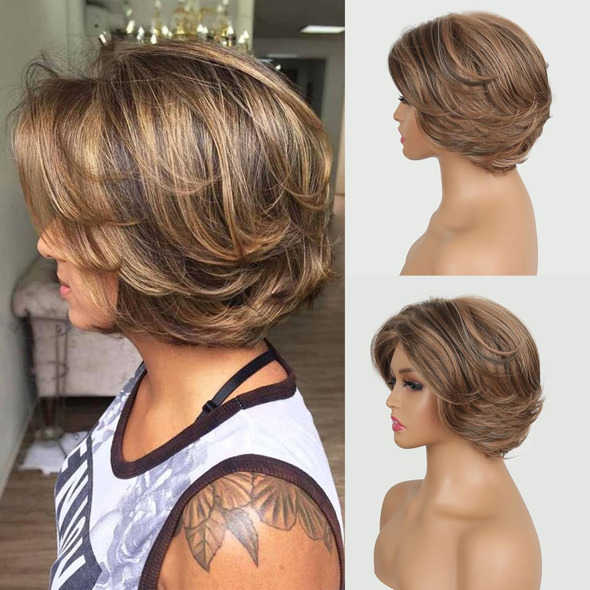 Highlight Brown Wig With Curtain Bangs – Layered Wavy Bob for Women, Short Pixie Cut, Synthetic Ombre Dark Brown Curly for Daily Party Use Highlight Brown Wig With Curtain Bangs – Layered Wavy Bob for Women, Short Pixie Cut, Synthetic Ombre Dark Brown Curly for Daily Party Use