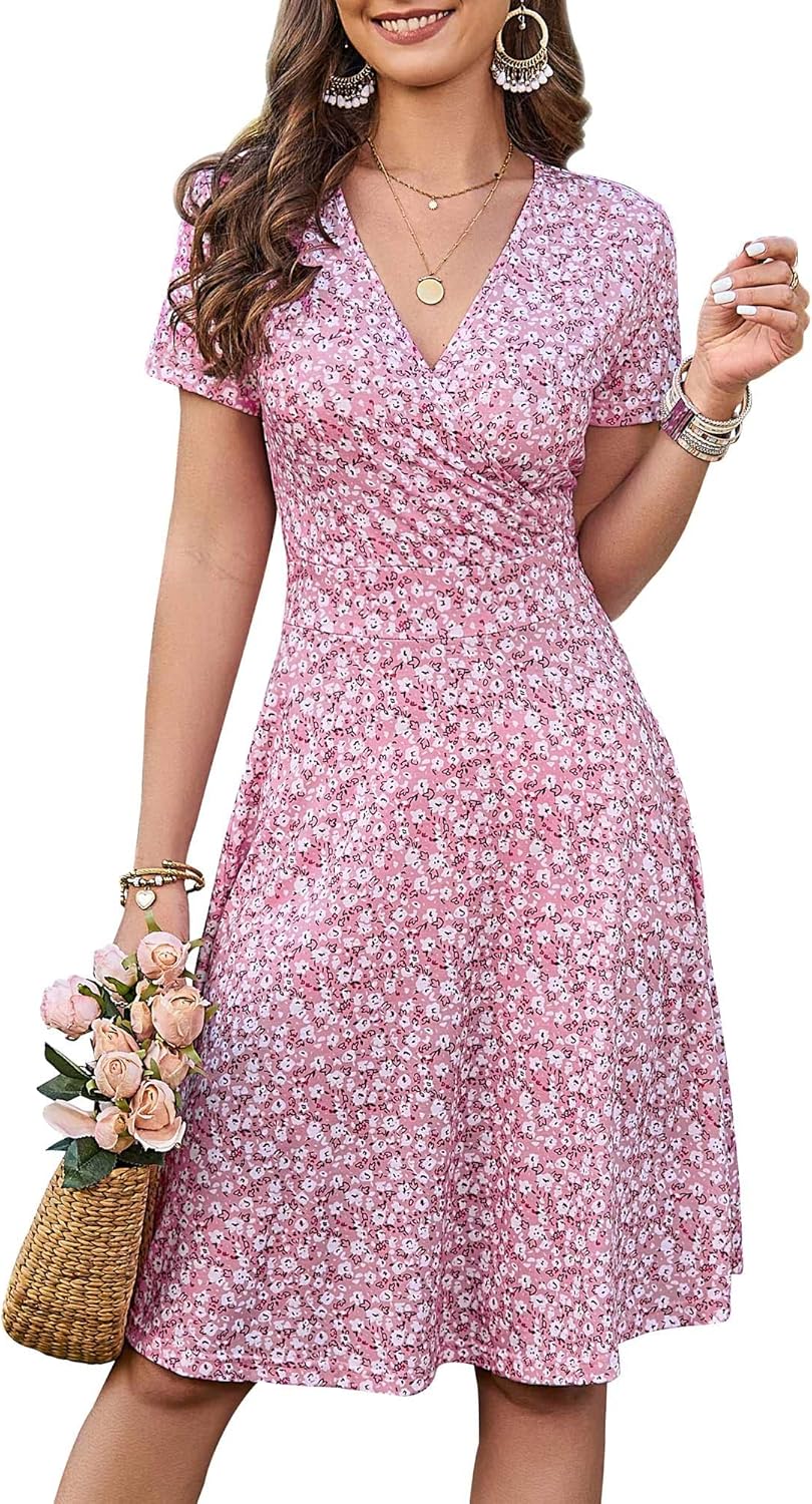MSBASIC Womens Summer Wrap V Neck Casual Dresses Floral Short Sleeve A-Line Midi Sundress MSBASIC Womens Summer Wrap V Neck Casual Dresses Floral Short Sleeve A-Line Midi Sundress