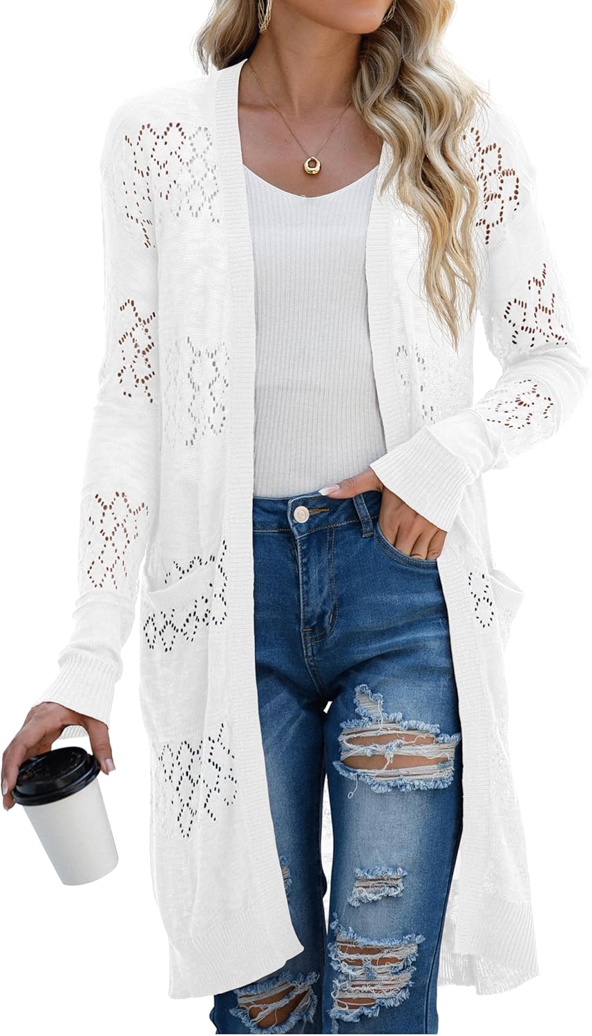 GRECERELLE Womens Lightweight Longer Length Cardigan Long Sleeve Casual Crochet Open-Front Sweater with Pockets GRECERELLE Womens Lightweight Longer Length Cardigan Long Sleeve Casual Crochet Open-Front Sweater with Pockets
