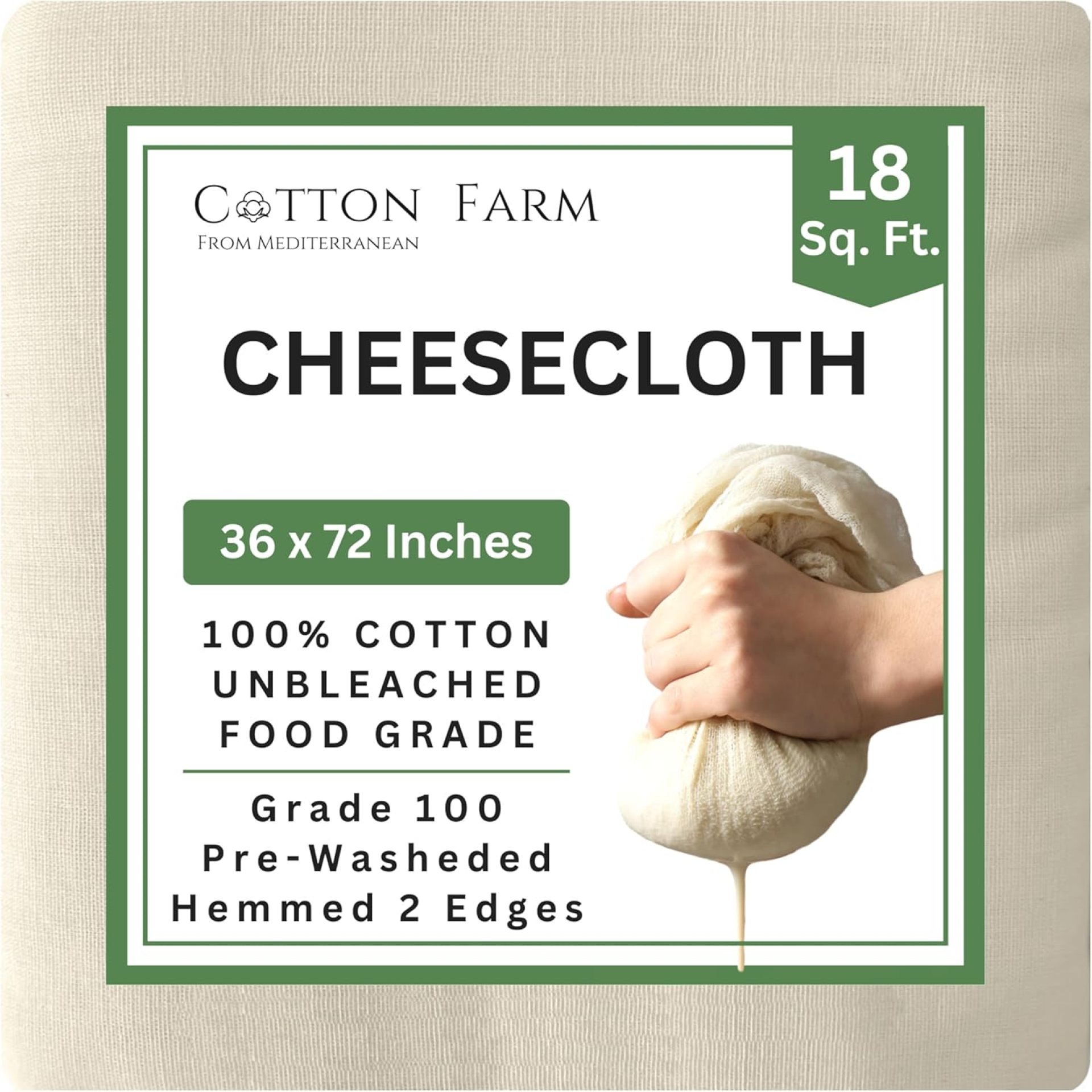 Cotton Farm Grade 100 Premium Cheese Cloths – Precision Straining & More; 18 Sq Ft (2×1 yards); 100% Unbleached Cotton Cheesecloth; Reusable with Hemmed 2 Edges; Ultra-Dense (the finest) Butter Muslin Cotton Farm Grade 100 Premium Cheese Cloths – Precision Straining & More; 18 Sq Ft (2×1 yards); 100% Unbleached Cotton Cheesecloth; Reusable with Hemmed 2 Edges; Ultra-Dense (the finest) Butter Muslin