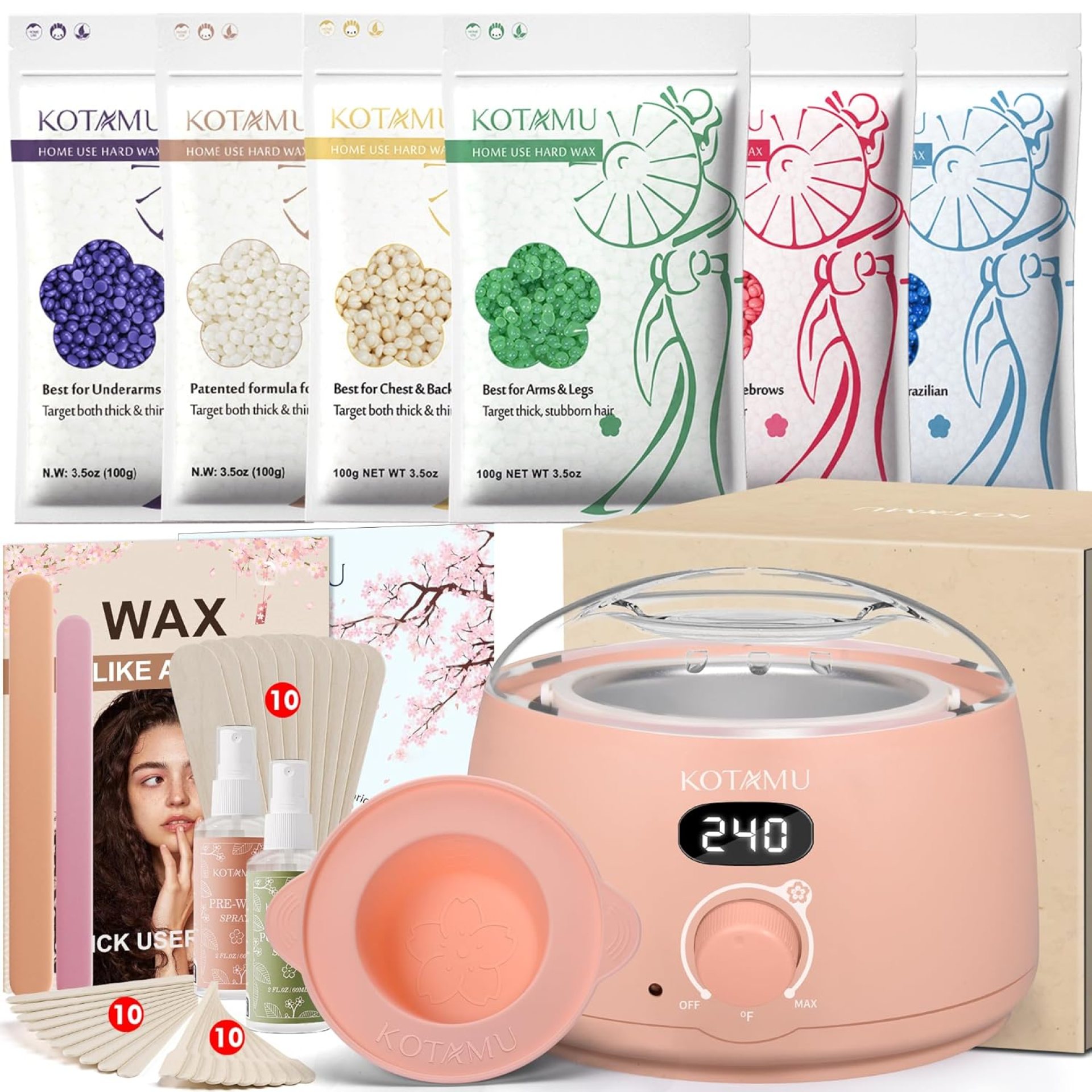 KOTAMU Wax Kit, Waxing Kit for Women Men Hair Removal, Digital Waxing Machine for Face Eyebrow Bikini Brazilian Leg Body &Sensitive Skin, Pink Wax Warmer With 44 Accessories for Home Salon Use KOTAMU Wax Kit, Waxing Kit for Women Men Hair Removal, Digital Waxing Machine for Face Eyebrow Bikini Brazilian Leg Body &Sensitive Skin, Pink Wax Warmer With 44 Accessories for Home Salon Use