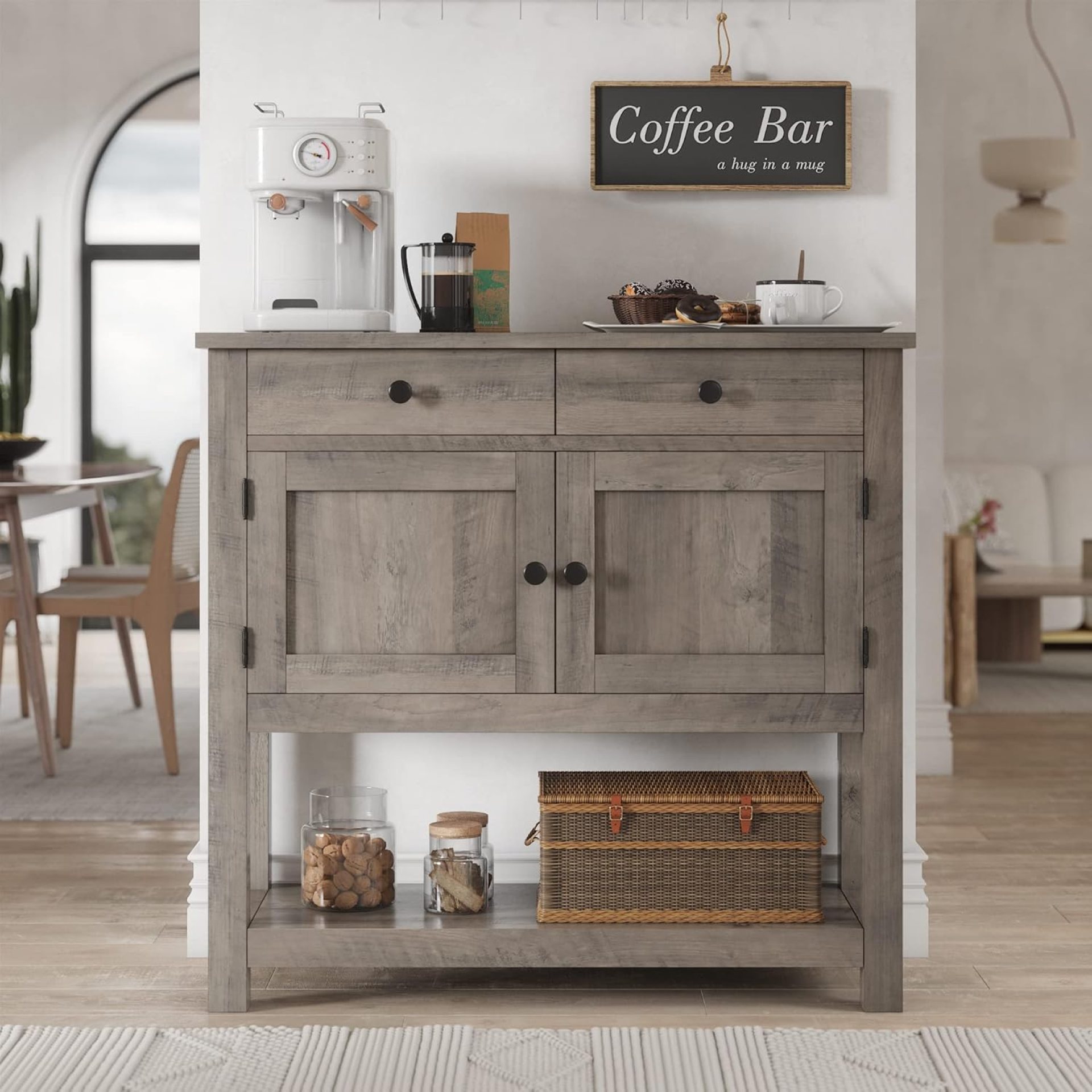 HOSTACK Farmhouse Console Table with 2-Door Cabinet & 2 Drawers, Coffee Bar, Entryway Table with Storage Shelf, Sofa Tables Buffet Sideboard for Kitchen, Hallway, Dining, Living Room, Ash Gray HOSTACK Farmhouse Console Table with 2-Door Cabinet & 2 Drawers, Coffee Bar, Entryway Table with Storage Shelf, Sofa Tables Buffet Sideboard for Kitchen, Hallway, Dining, Living Room, Ash Gray