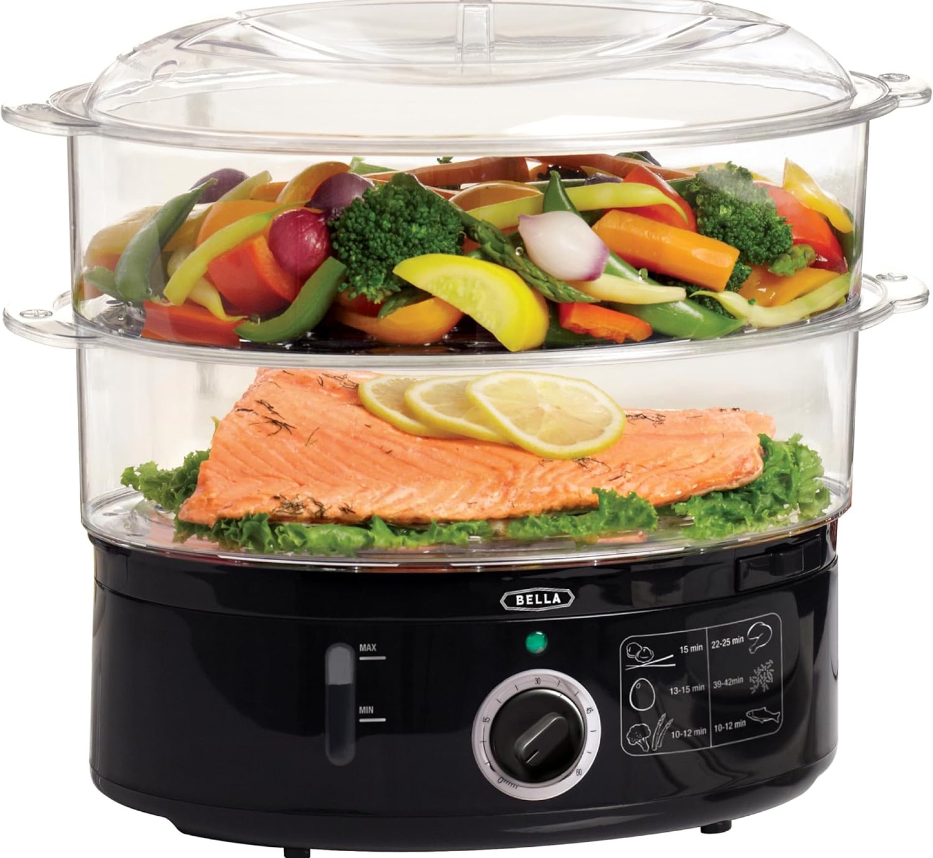 BELLA Two Tier Food Steamer with Dishwasher Safe Lids and Stackable Baskets & Removable Base for Fast Simultaneous Cooking – Auto Shutoff & Boil Dry Protection, Stainless Steel, 7.4 QT, Black BELLA Two Tier Food Steamer with Dishwasher Safe Lids and Stackable Baskets & Removable Base for Fast Simultaneous Cooking – Auto Shutoff & Boil Dry Protection, Stainless Steel, 7.4 QT, Black