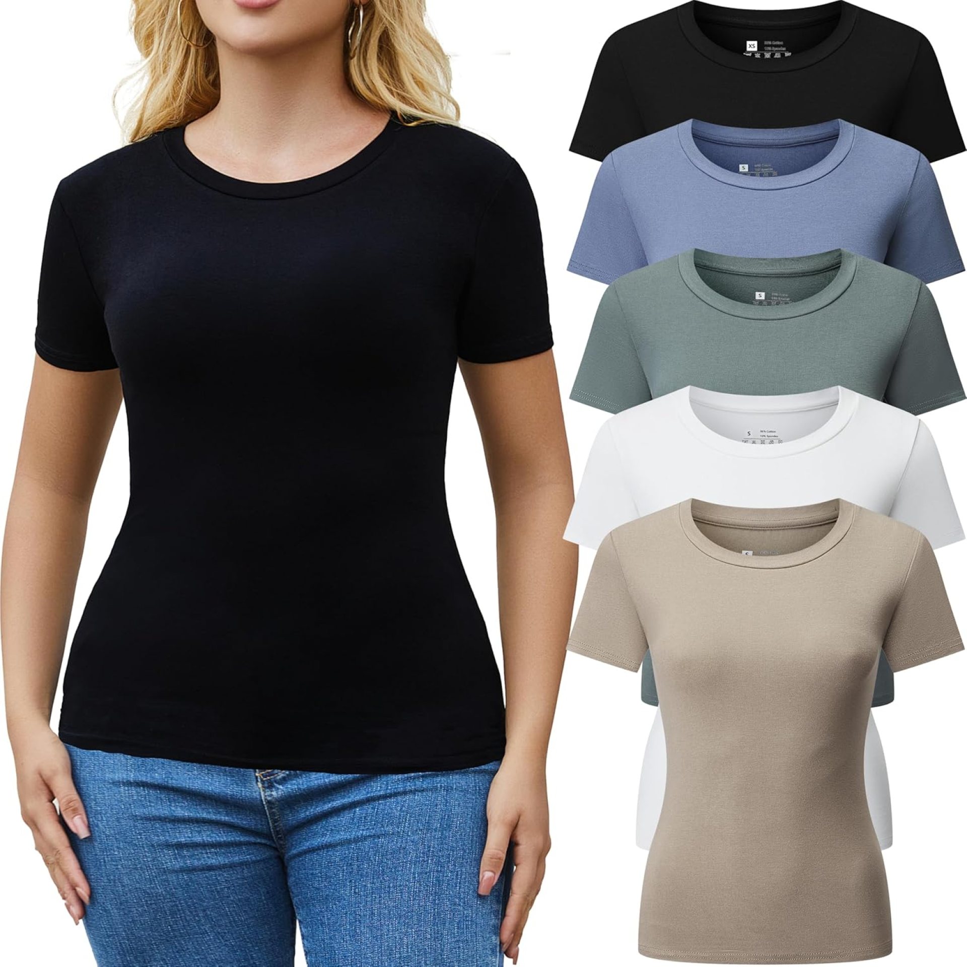 3/5 Pack Crew Neck T Shirts for Women Daily Casual Womens Fitted Tshirt Basic Tops for Women Stretchy Womens Tees 3/5 Pack Crew Neck T Shirts for Women Daily Casual Womens Fitted Tshirt Basic Tops for Women Stretchy Womens Tees