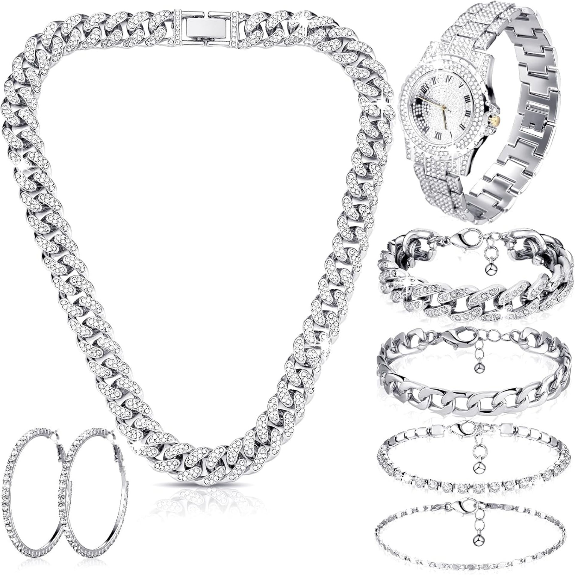 Tondiamo 6 Pcs Link Chain jewelry sets for Woman men with Rhinestone Necklace Bracelet Earrings Bling Diamond chunky Chain Watches Jewelry Tondiamo 6 Pcs Link Chain jewelry sets for Woman men with Rhinestone Necklace Bracelet Earrings Bling Diamond chunky Chain Watches Jewelry