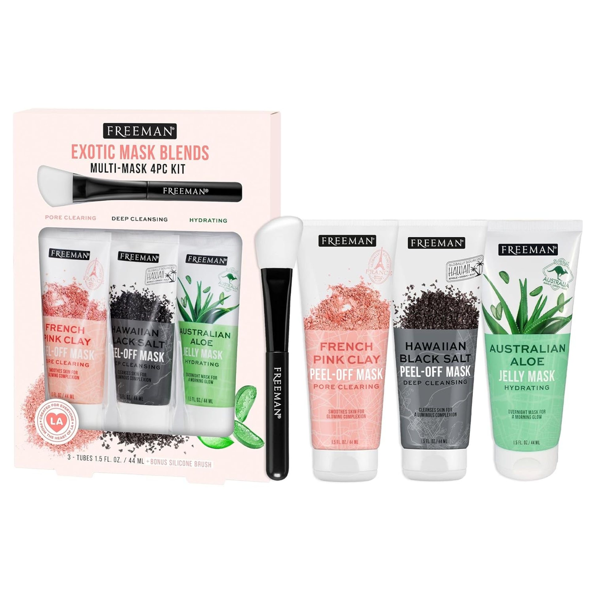 Freeman Exotic Blends Facial Mask 4 Piece Set, Peel-Off & Jelly Masks, Cleansing, Pore-Clearing & Hydrating Facial Masks, For All Skin Types, Includes Silicone Mask Brush, Vegan & Cruelty-Free Freeman Exotic Blends Facial Mask 4 Piece Set, Peel-Off & Jelly Masks, Cleansing, Pore-Clearing & Hydrating Facial Masks, For All Skin Types, Includes Silicone Mask Brush, Vegan & Cruelty-Free