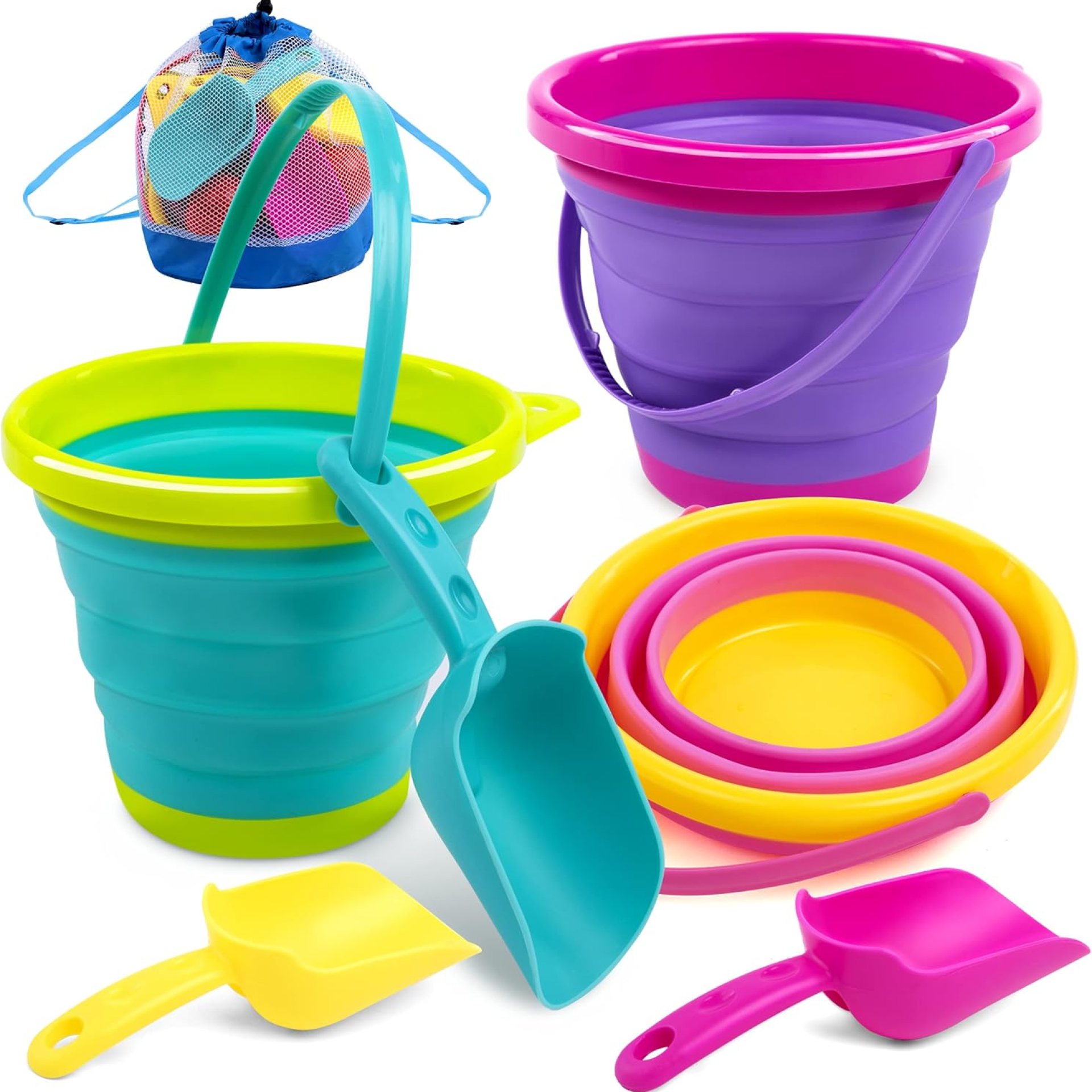 JOYIN Foldable Beach Bucket Set – 3 Packs Collapsible Toy Buckets with Shovels and Mesh Backpack for Kids Toddlers Party, Camping Gear, Travelling, Fishing Water Pail (Pink/Purple/Green) JOYIN Foldable Beach Bucket Set – 3 Packs Collapsible Toy Buckets with Shovels and Mesh Backpack for Kids Toddlers Party, Camping Gear, Travelling, Fishing Water Pail (Pink/Purple/Green)