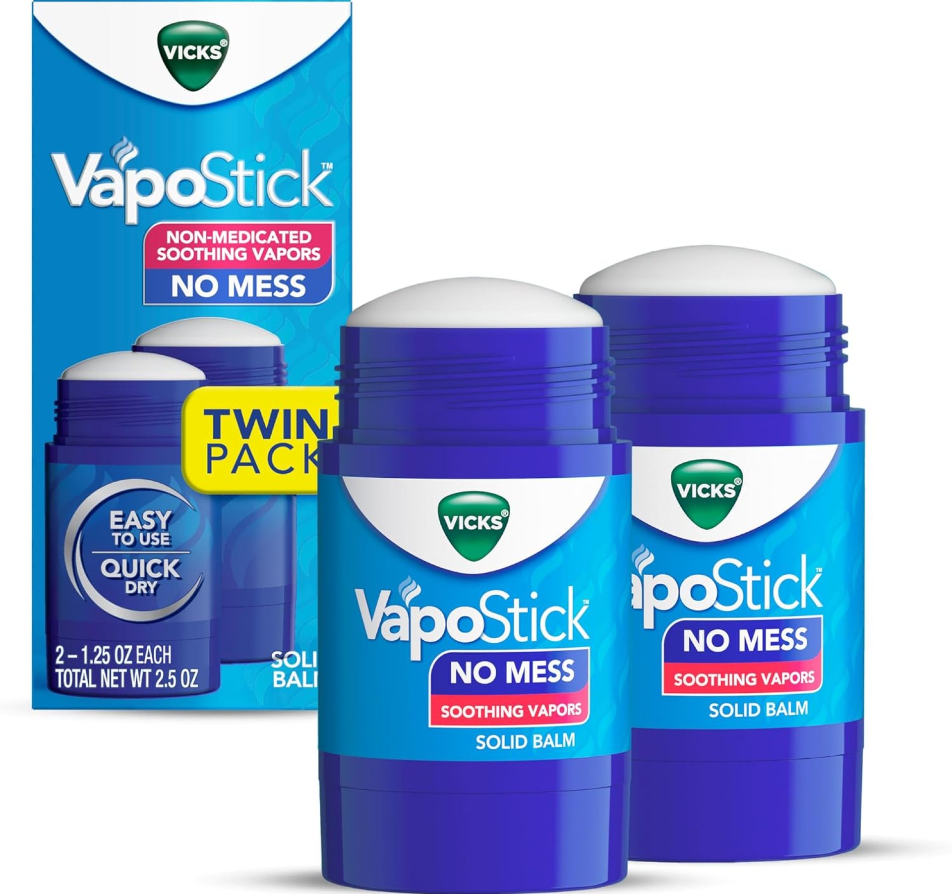 Vicks VapoStick, Solid Balm, No Mess, Soothing Non-Medicated Vicks Vapors, Easy-To-Use No-Touch Applicator, Quick Dry, Lightweight Skin Feel, 1.25oz x 2 Vicks VapoStick, Solid Balm, No Mess, Soothing Non-Medicated Vicks Vapors, Easy-To-Use No-Touch Applicator, Quick Dry, Lightweight Skin Feel, 1.25oz x 2