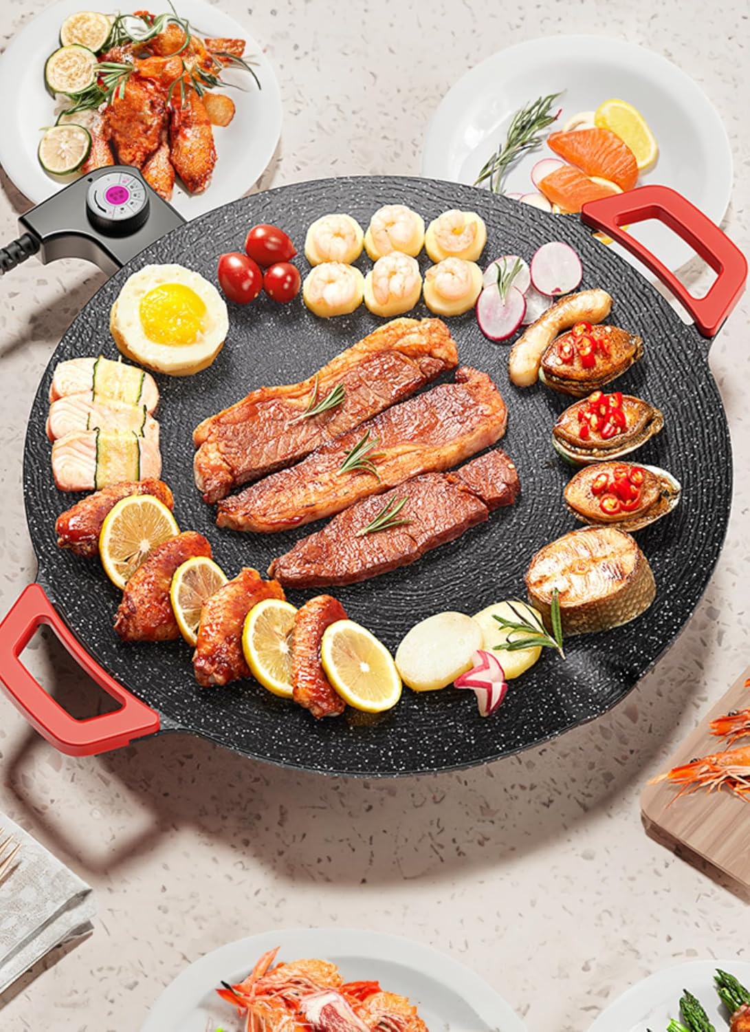 Electric BBQ Grill Pan, Indoor Korean Cast Grill Pan with Removable Temperature Control, Non Stick Multipurpose Grill with Even Heat for Home Cooking, 30cm Diameter (110V) Electric BBQ Grill Pan, Indoor Korean Cast Grill Pan with Removable Temperature Control, Non Stick Multipurpose Grill with Even Heat for Home Cooking, 30cm Diameter (110V)