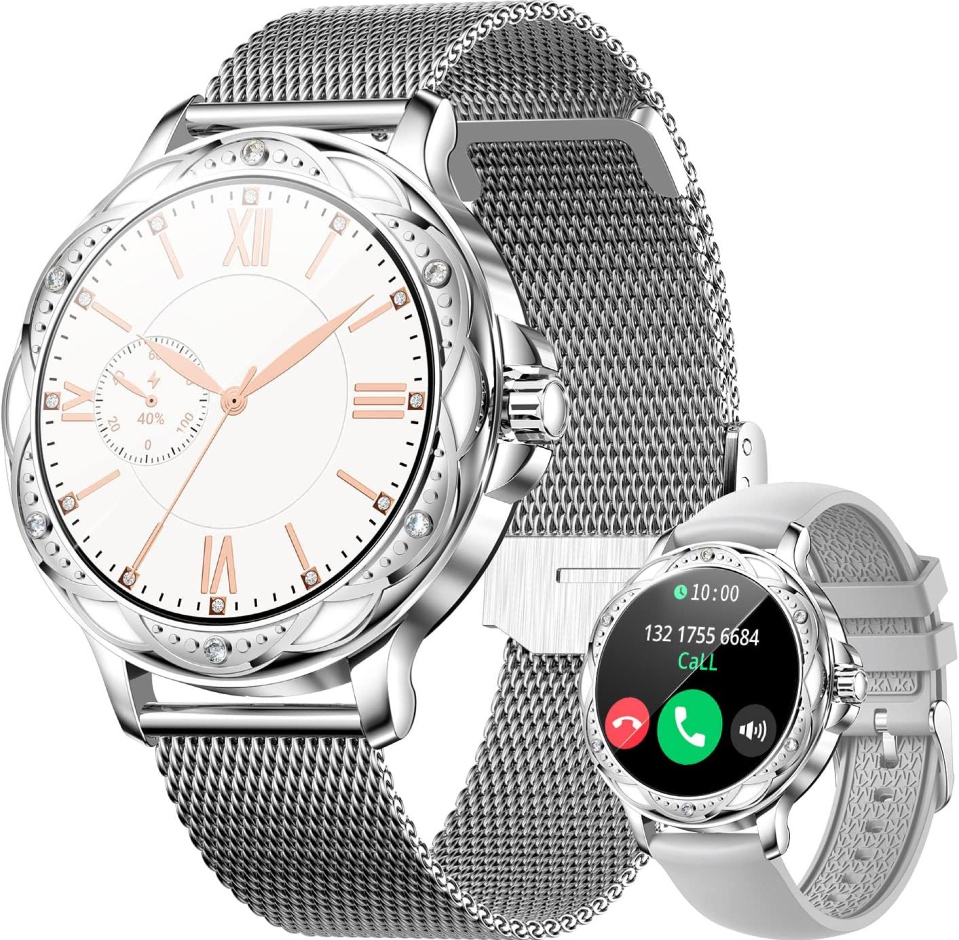 Women’s Smart Watch (Answer/Dial),1.2 inch Waterproof HD Screen Round Smart Bracelet,14 Days Battery Life,100+ Sport Modes,Blood Oxygen Heart Rate Monitor,For iPhone Android Phone,Women’s Gift (Silver Women’s Smart Watch (Answer/Dial),1.2 inch Waterproof HD Screen Round Smart Bracelet,14 Days Battery Life,100+ Sport Modes,Blood Oxygen Heart Rate Monitor,For iPhone Android Phone,Women’s Gift (Silver