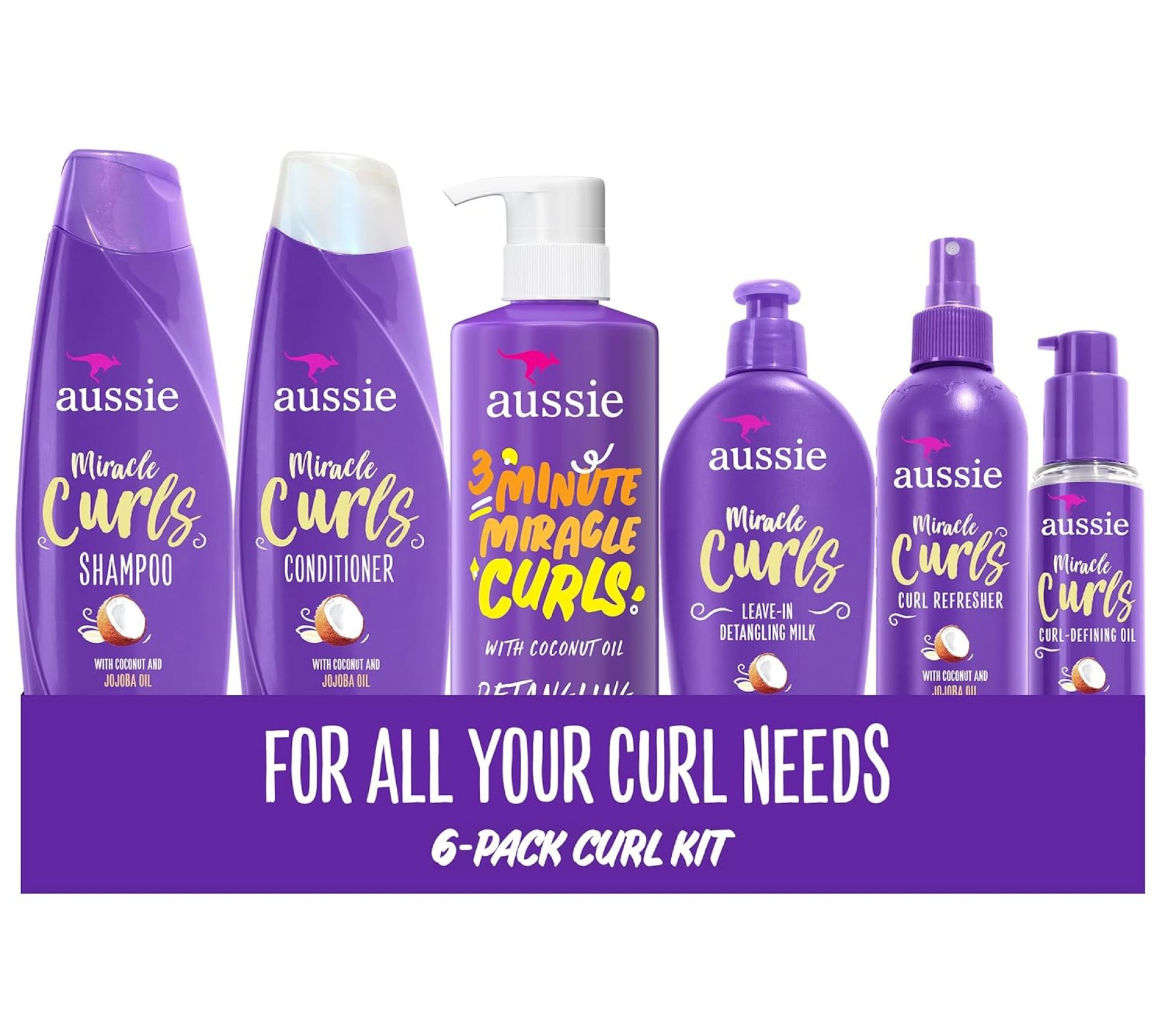 Aussie Miracle Curls Set: Shampoo, Conditioner, Deep Hydration, Spray Gel, Detangling Milk, and Oil Hair Treatment, Curl Oil, Coconut & Jojoba, Frizz Control, 6 Pieces Aussie Miracle Curls Set: Shampoo, Conditioner, Deep Hydration, Spray Gel, Detangling Milk, and Oil Hair Treatment, Curl Oil, Coconut & Jojoba, Frizz Control, 6 Pieces
