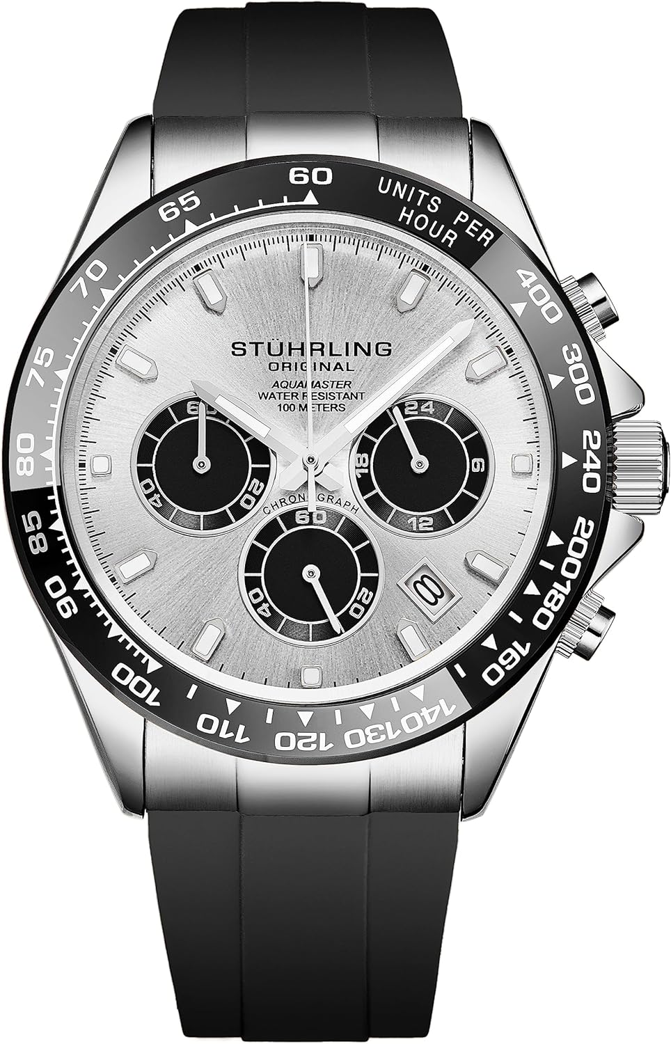 Stuhrling Aquamaster Quartz Chronograph Watch Silver Dial Screw Down Crown Luminous Hands, Ceramic Bezel, Black Rubber Band for Men 42mm Case Date Water Resistance Stuhrling Aquamaster Quartz Chronograph Watch Silver Dial Screw Down Crown Luminous Hands, Ceramic Bezel, Black Rubber Band for Men 42mm Case Date Water Resistance