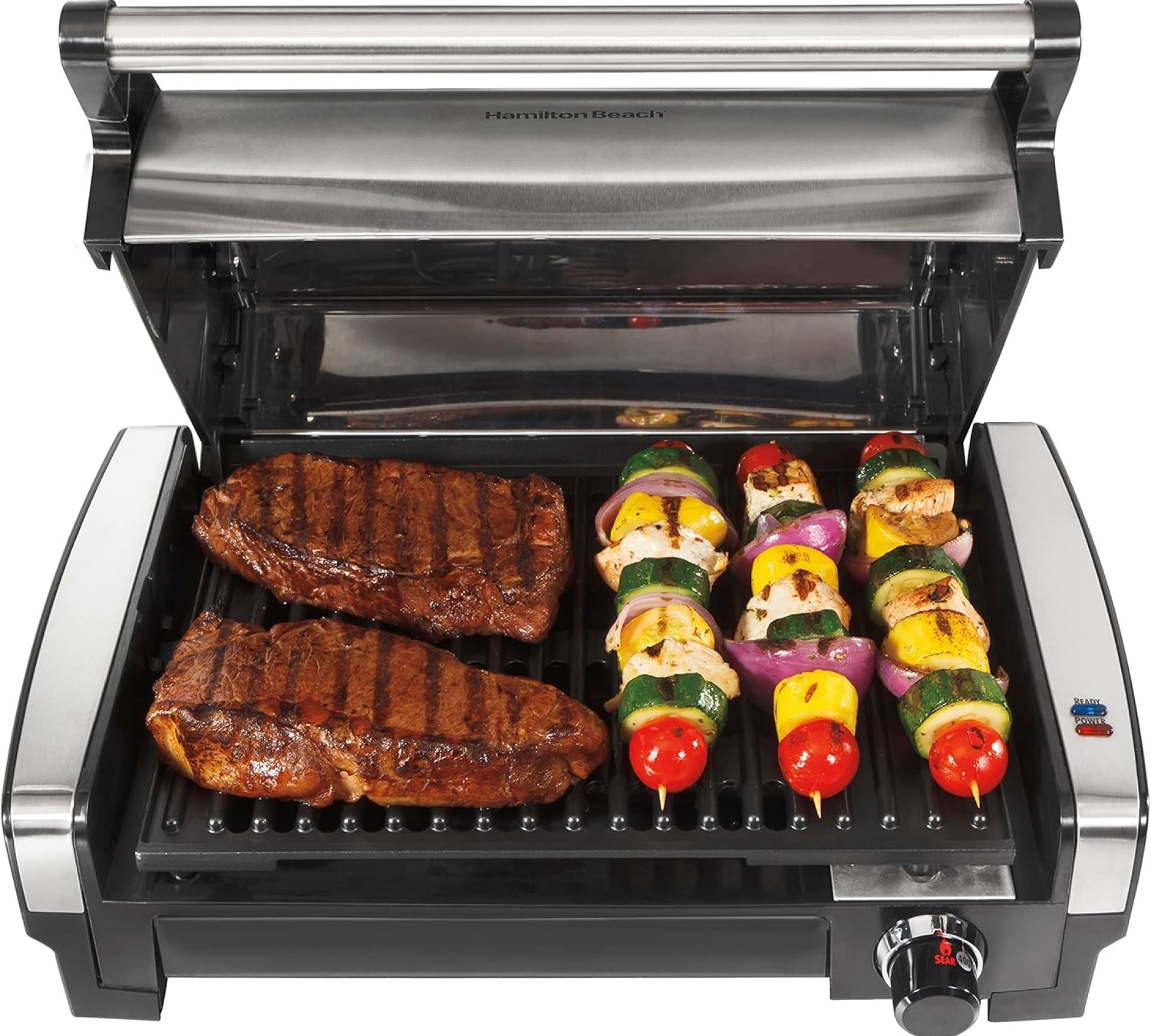 Hamilton Beach Electric Indoor Searing Grill with Adjustable Temperature Control to 450F, 118 sq. in. Surface Serves 6, PFAS-Free Removable Nonstick Grate, Stainless Steel (25360) Hamilton Beach Electric Indoor Searing Grill with Adjustable Temperature Control to 450F, 118 sq. in. Surface Serves 6, PFAS-Free Removable Nonstick Grate, Stainless Steel (25360)