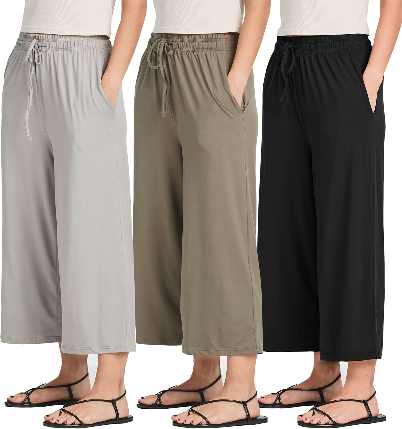 Real Essentials 3 Pack: Women’s Ultra-Soft Wide Leg Loose Capri Open Bottom Pants – Yoga Lounge Pockets(Available in Plus) Real Essentials 3 Pack: Women’s Ultra-Soft Wide Leg Loose Capri Open Bottom Pants – Yoga Lounge Pockets(Available in Plus)