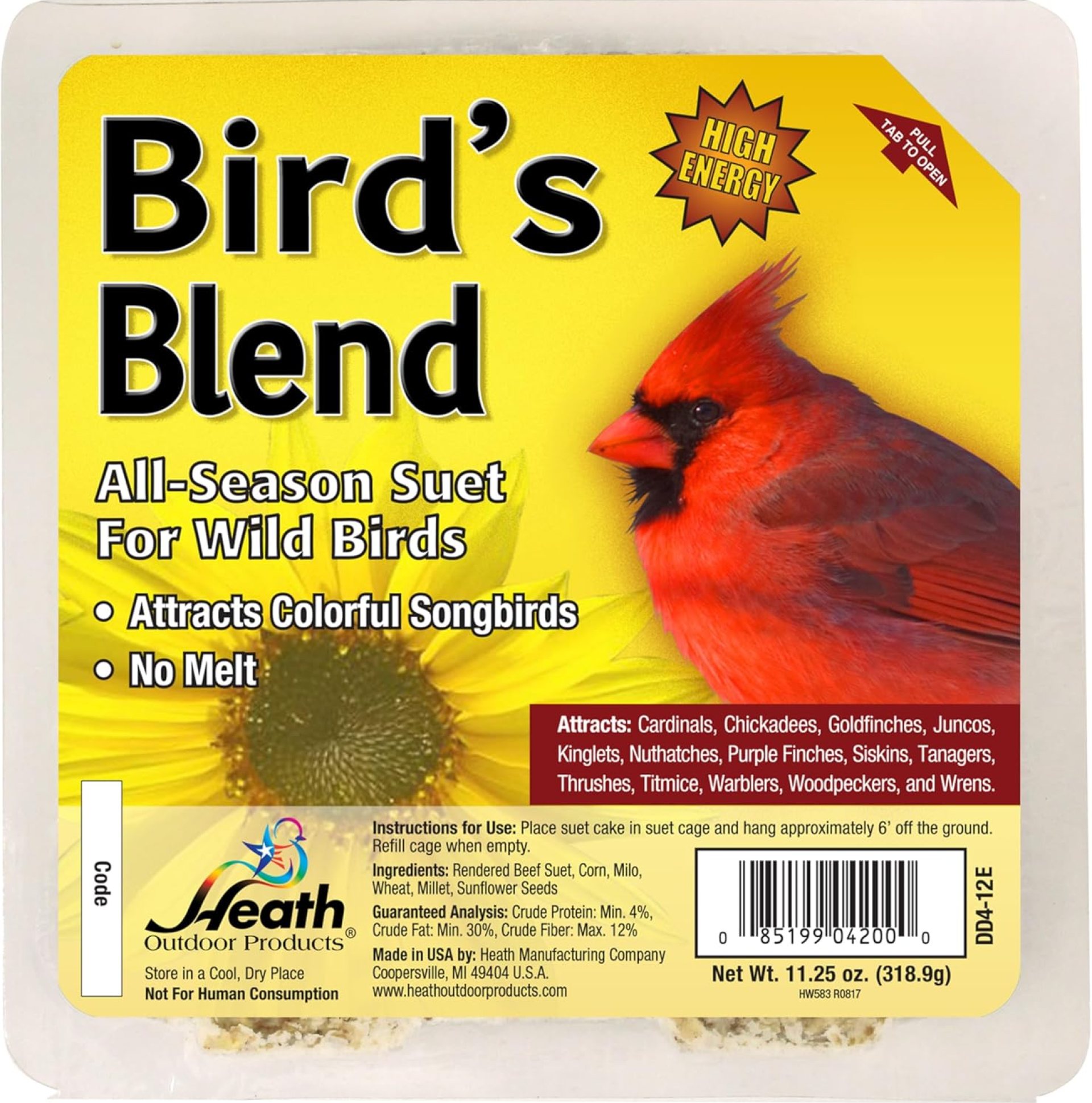 Heath Outdoor Products DD4-12 Heath Bird Suet, Yellow, 11.25 Ounce (Pack of 12) Heath Outdoor Products DD4-12 Heath Bird Suet, Yellow, 11.25 Ounce (Pack of 12)