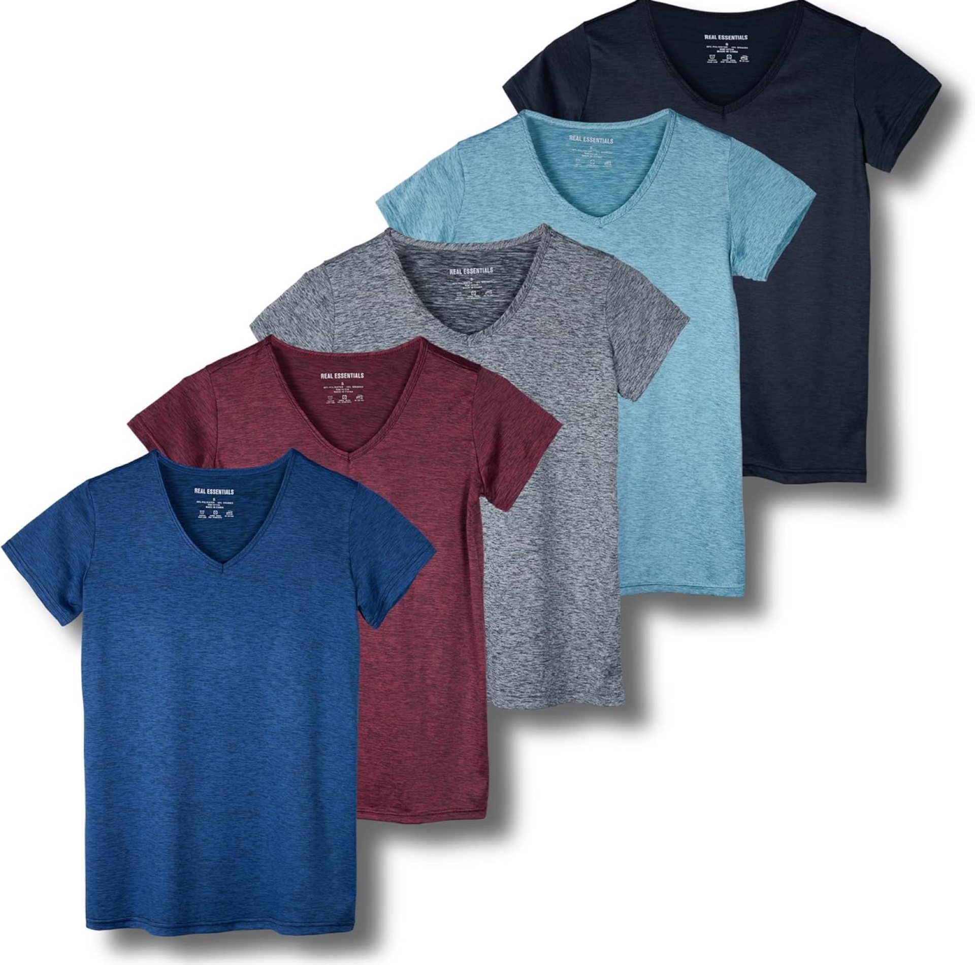Real Essentials 5 Pack: Women’s Short Sleeve V-Neck Activewear T-Shirt Dry-Fit Wicking Yoga Top (Available in Plus) Real Essentials 5 Pack: Women’s Short Sleeve V-Neck Activewear T-Shirt Dry-Fit Wicking Yoga Top (Available in Plus)