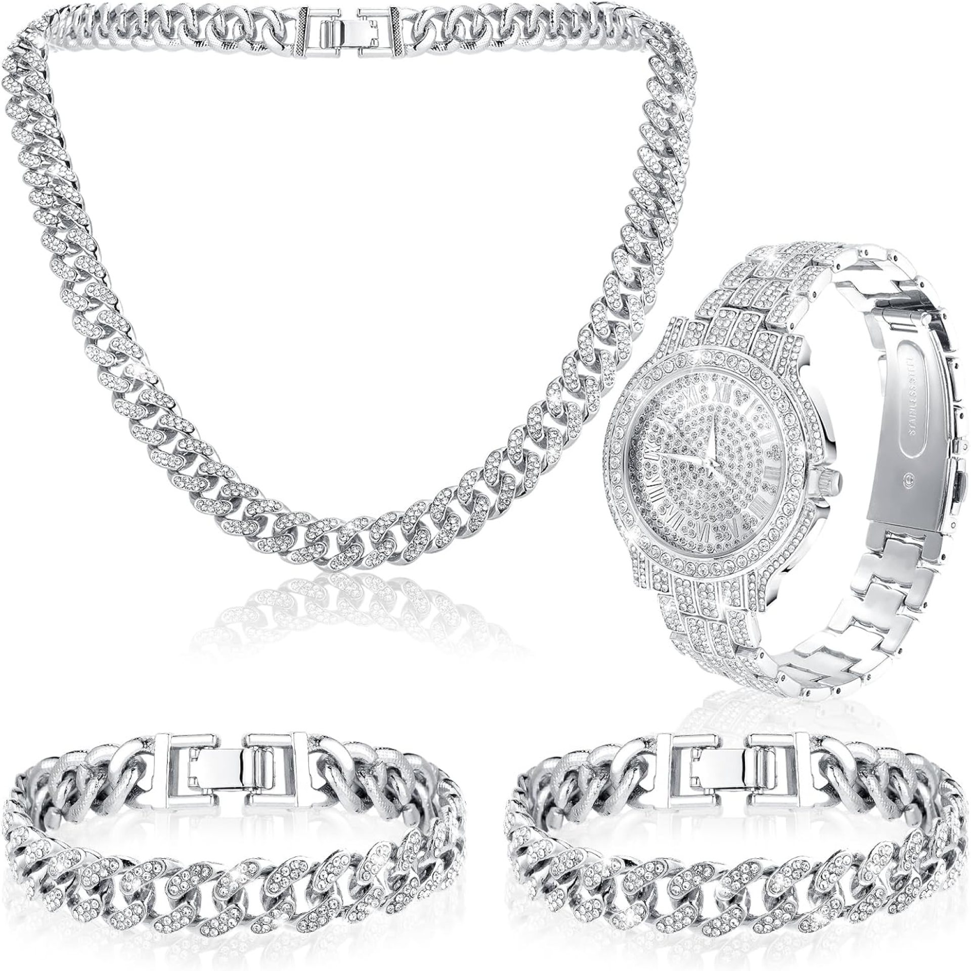 4 Pcs Hip Hop Jewelry Set Cuban Link Chains Bling Rhinestone Watch for Man Artificial Diamond Necklace Bracelet Watch 4 Pcs Hip Hop Jewelry Set Cuban Link Chains Bling Rhinestone Watch for Man Artificial Diamond Necklace Bracelet Watch