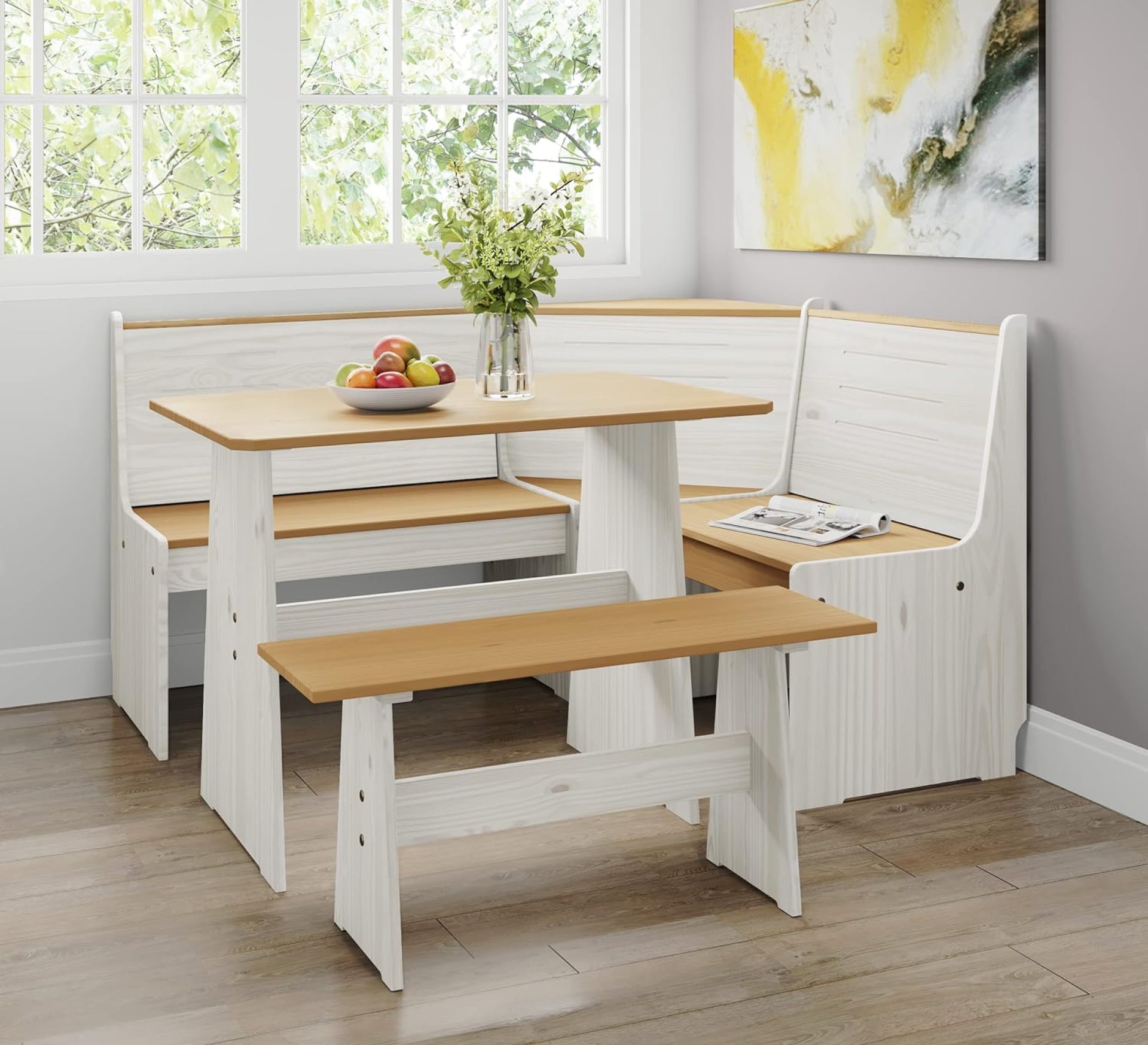 Breakfast Nook Corner Dining Table Kitchen Bench Chair Set, Space-Saving 3-5 People Seat Reversible L-Shape for Family Home White Wood Breakfast Nook Corner Dining Table Kitchen Bench Chair Set, Space-Saving 3-5 People Seat Reversible L-Shape for Family Home White Wood