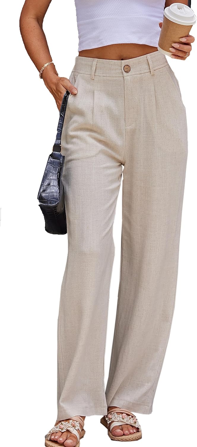 heipeiwa Women’s Linen Casual High Waist Wide Leg Straight Dress Cotton Linen Pants Button Trousers heipeiwa Women’s Linen Casual High Waist Wide Leg Straight Dress Cotton Linen Pants Button Trousers