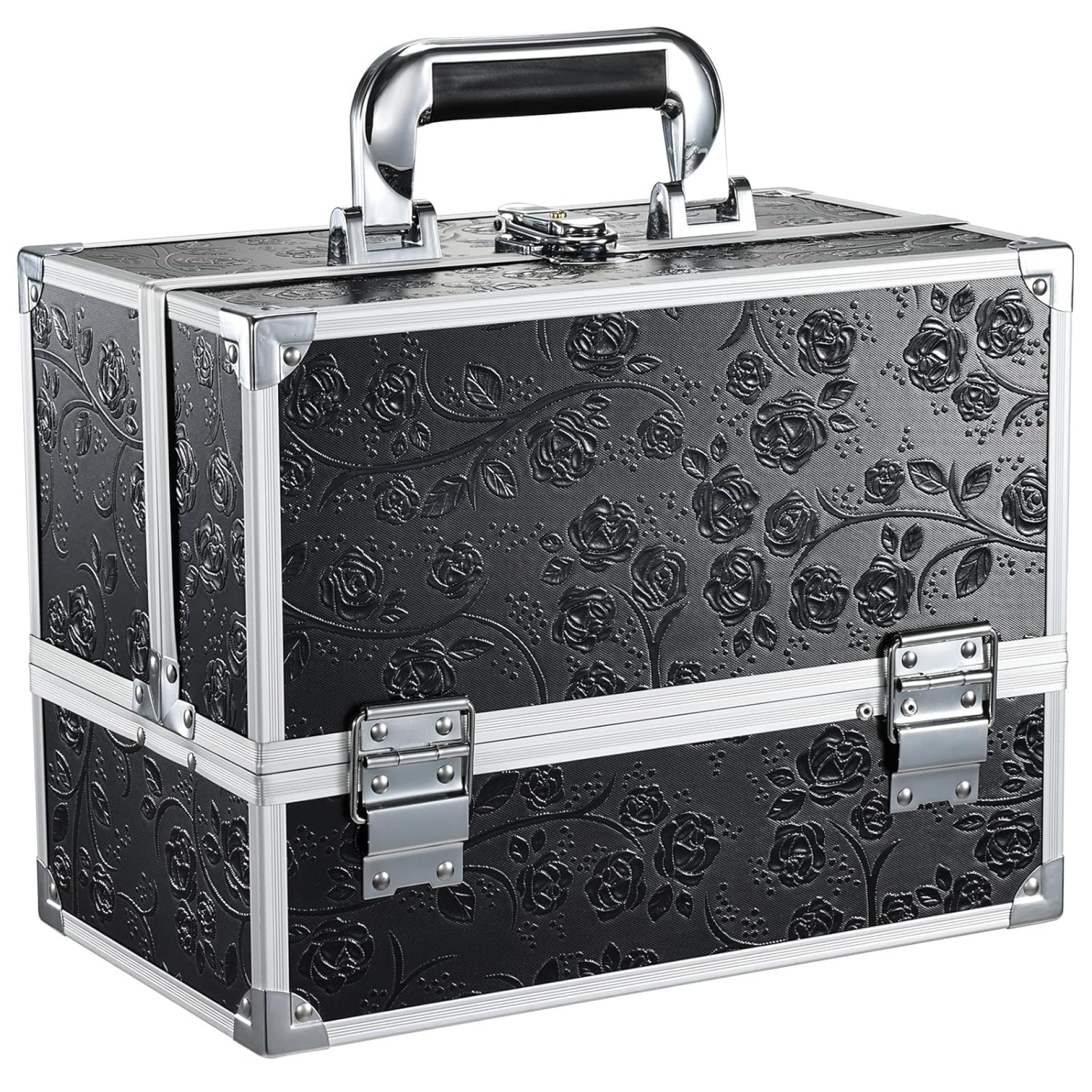 FRENESSA Makeup Train Case 11.8 Inch Extra Large Makeup Organizer Case 3 Trays with Mirror Cosmetic Travel Storage Box for Makeup Artist Nail Art Tech Sewing Supplies Travel Case Black Floral FRENESSA Makeup Train Case 11.8 Inch Extra Large Makeup Organizer Case 3 Trays with Mirror Cosmetic Travel Storage Box for Makeup Artist Nail Art Tech Sewing Supplies Travel Case Black Floral