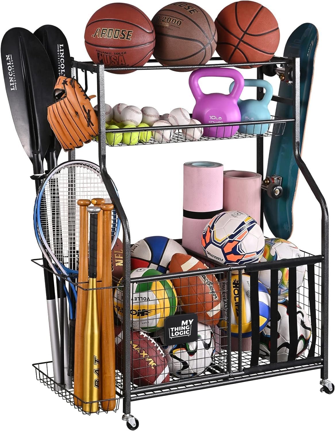Mythinglogic Garage Sports Equipment Organizer, Ball Storage Garage Large Capacity, Sports Organizer for Garage with Hooks and Baskets, Ball Organizer for Garage for Football, Soccer Ball, Bat, Toys Mythinglogic Garage Sports Equipment Organizer, Ball Storage Garage Large Capacity, Sports Organizer for Garage with Hooks and Baskets, Ball Organizer for Garage for Football, Soccer Ball, Bat, Toys