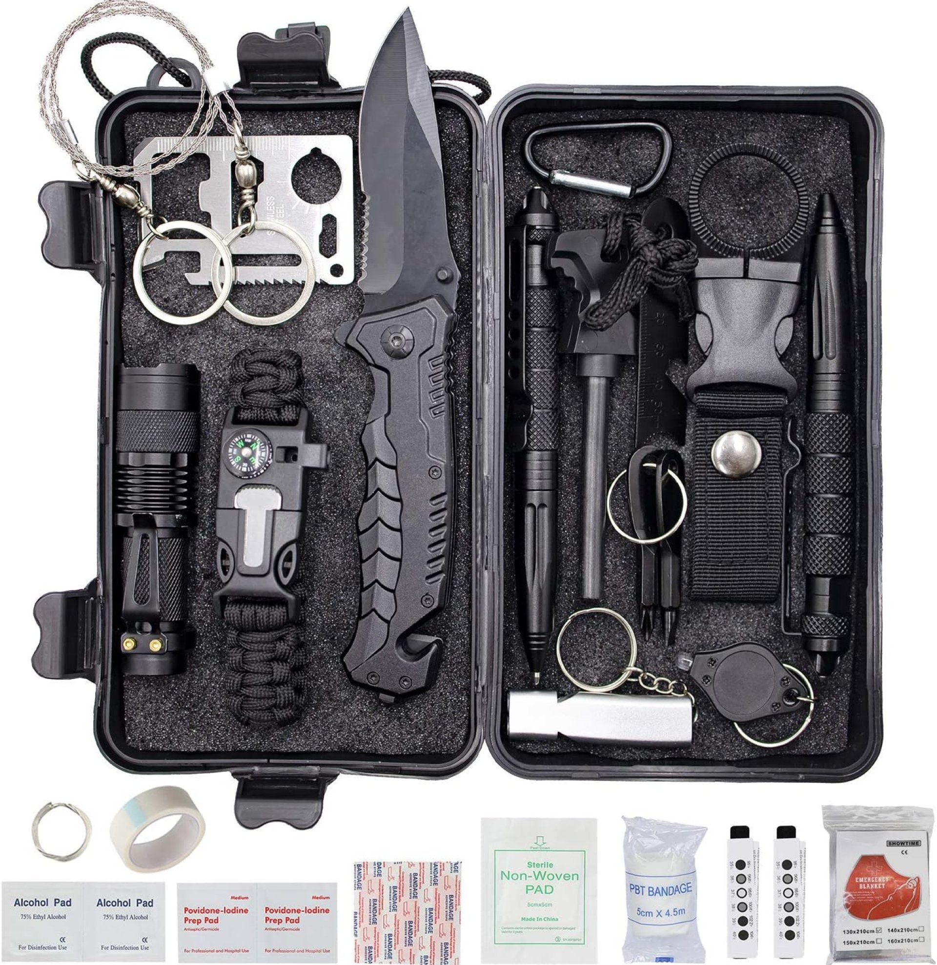 ProCase Emergency Survival Kit, 40 in 1 Outdoor Survival Gear Tool and Equipment with Survival Bracelet, Fire Starter, Campass for Men Dad Boyfriend -Black ProCase Emergency Survival Kit, 40 in 1 Outdoor Survival Gear Tool and Equipment with Survival Bracelet, Fire Starter, Campass for Men Dad Boyfriend -Black