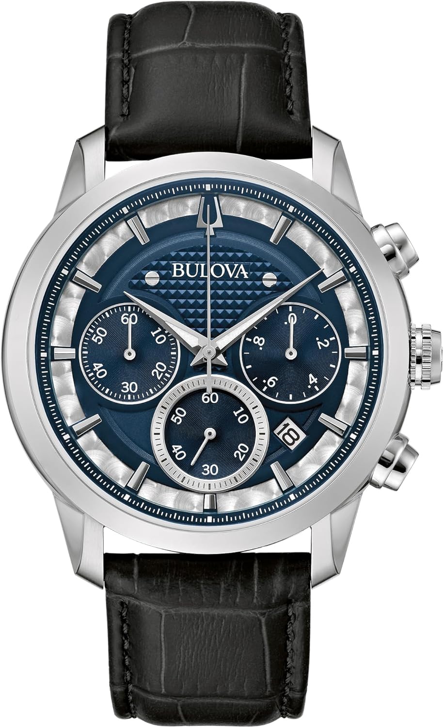 Bulova Men’s Classic Sutton 6-Hand Chronograph Quartz Silver Stainless Steel Case Watch with Black Leather Strap, Blue Dial, 44mm Style: 96B420 Bulova Men’s Classic Sutton 6-Hand Chronograph Quartz Silver Stainless Steel Case Watch with Black Leather Strap, Blue Dial, 44mm Style: 96B420