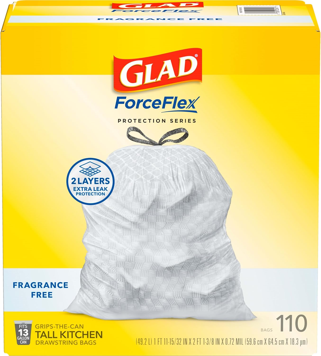 Glad Trash Bags, ForceFlex Tall Kitchen Drawstring Garbage Bags, 13 Gal, Fragrance Free, 110 Ct, Package May Vary Glad Trash Bags, ForceFlex Tall Kitchen Drawstring Garbage Bags, 13 Gal, Fragrance Free, 110 Ct, Package May Vary