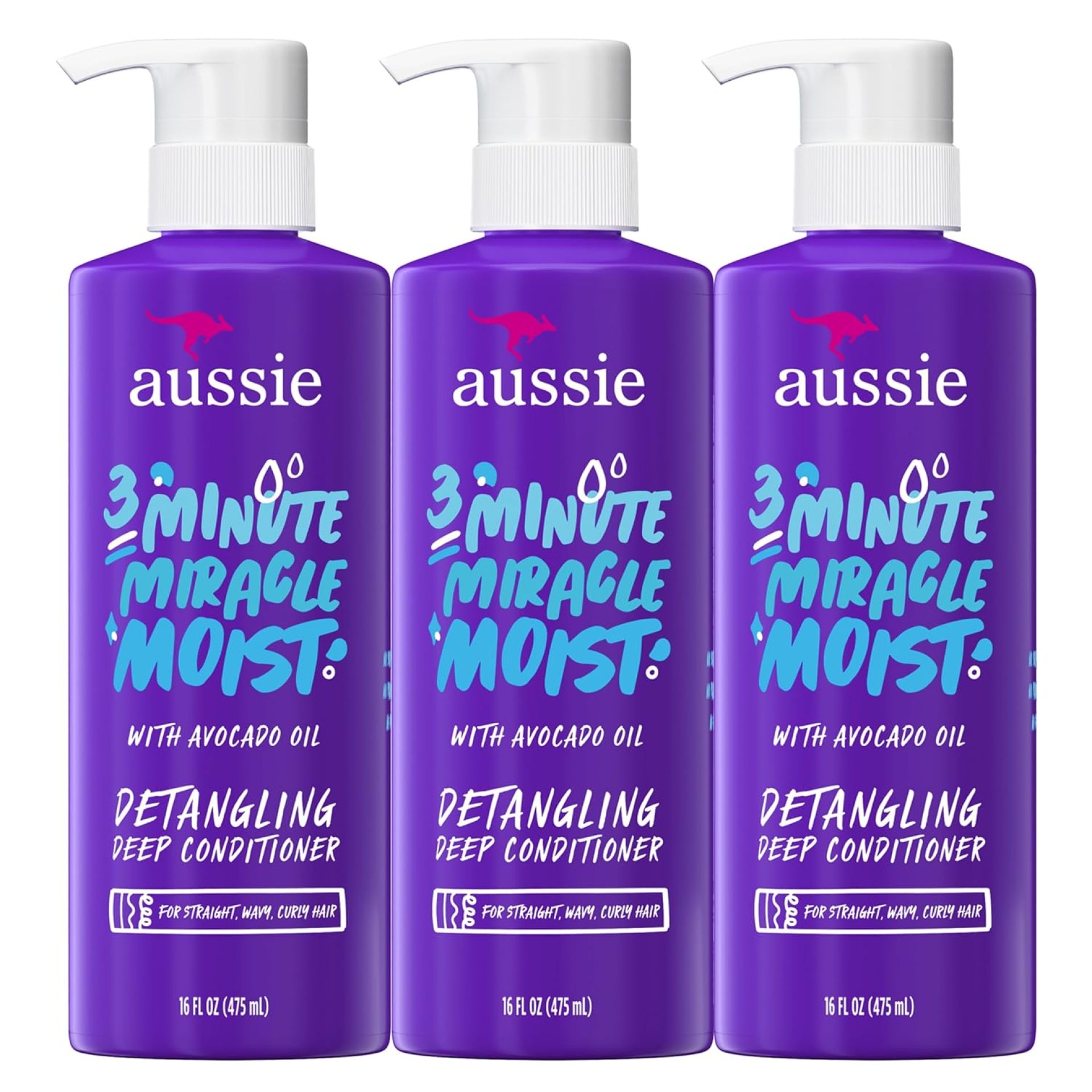 Aussie 3 Minute Miracle Moist Deep Conditioner for Dry Hair, Avocado & Jojoba Oil, Safe for Color Treated Hair, Nourishing Hydration, Silky Shine, Paraben-Free, 16 Fl Oz Each, Triple Pack Aussie 3 Minute Miracle Moist Deep Conditioner for Dry Hair, Avocado & Jojoba Oil, Safe for Color Treated Hair, Nourishing Hydration, Silky Shine, Paraben-Free, 16 Fl Oz Each, Triple Pack