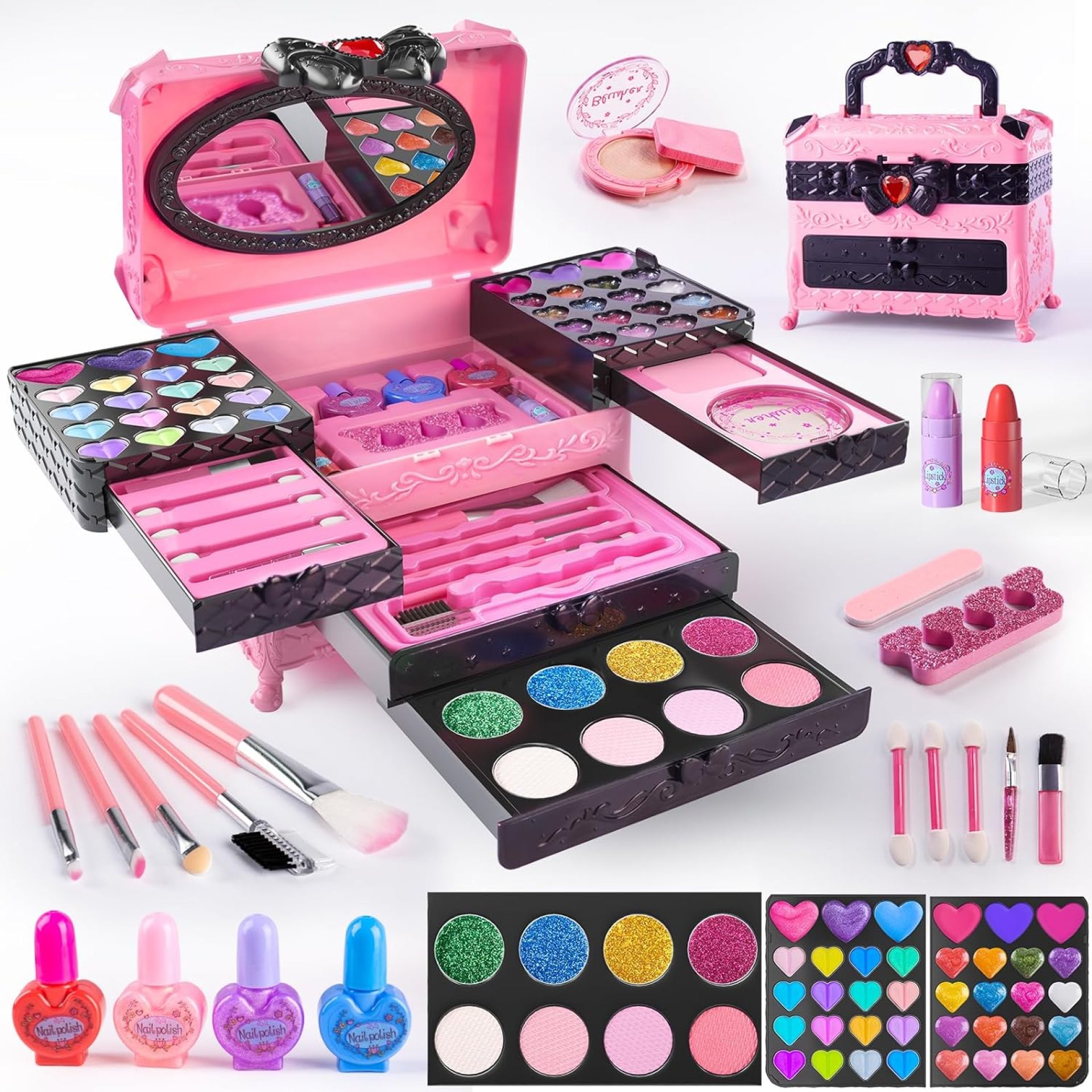 Kids Makeup Sets for Girls, 66pcs Real Cosmetic for Kids Toys with Mirror, Princess Washable Girls Makeup Kit, Non-Toxic & Safe Brithday Gifts for 3 4 5 6 7 8 – 12 Years Old(Pink Black) Kids Makeup Sets for Girls, 66pcs Real Cosmetic for Kids Toys with Mirror, Princess Washable Girls Makeup Kit, Non-Toxic & Safe Brithday Gifts for 3 4 5 6 7 8 – 12 Years Old(Pink Black)