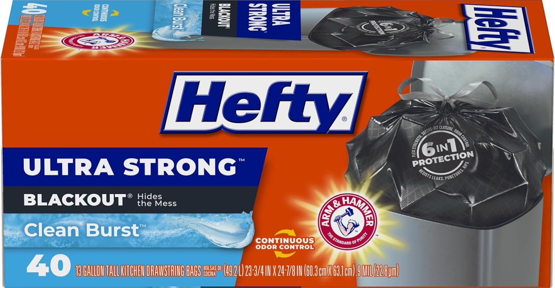 Hefty Ultra Strong 13 Gallon Trash Bags, Black Tall Kitchen Trash Bags 13 Gallon Size, Break Resistant Drawstring Enclosure, Continuous Odor Control, Blackout, Clean Burst Scent, 40 Bags Hefty Ultra Strong 13 Gallon Trash Bags, Black Tall Kitchen Trash Bags 13 Gallon Size, Break Resistant Drawstring Enclosure, Continuous Odor Control, Blackout, Clean Burst Scent, 40 Bags