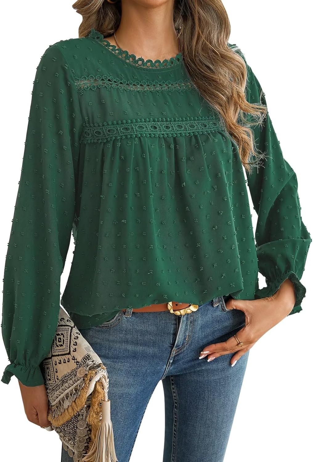 Womens Boho Tops Long Sleeve Shirts For Women Cute Crewneck Blouse Dressy Casual Swiss Dot Crochet Hollow Top 2025 Womens Boho Tops Long Sleeve Shirts For Women Cute Crewneck Blouse Dressy Casual Swiss Dot Crochet Hollow Top 2025