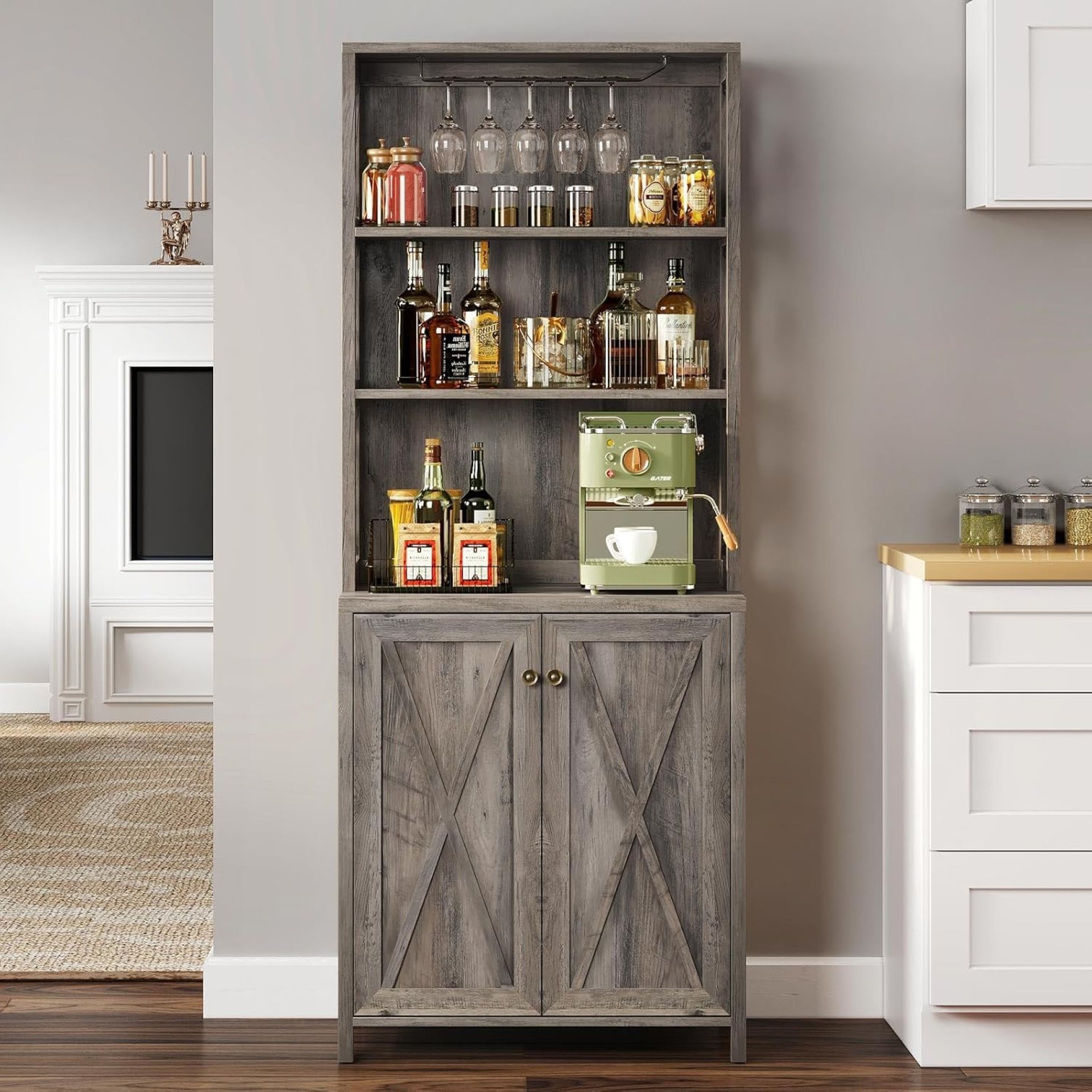 DWVO 67″ Tall Wine Bar Cabinet for Liquor and Glasses, Farmhouse Kitchen Cabinets Coffee Bar with Adjustable Shelves, Open Storage Shelves, Buffet Cabinet for Living & Dinning Room, Grey Wash DWVO 67″ Tall Wine Bar Cabinet for Liquor and Glasses, Farmhouse Kitchen Cabinets Coffee Bar with Adjustable Shelves, Open Storage Shelves, Buffet Cabinet for Living & Dinning Room, Grey Wash