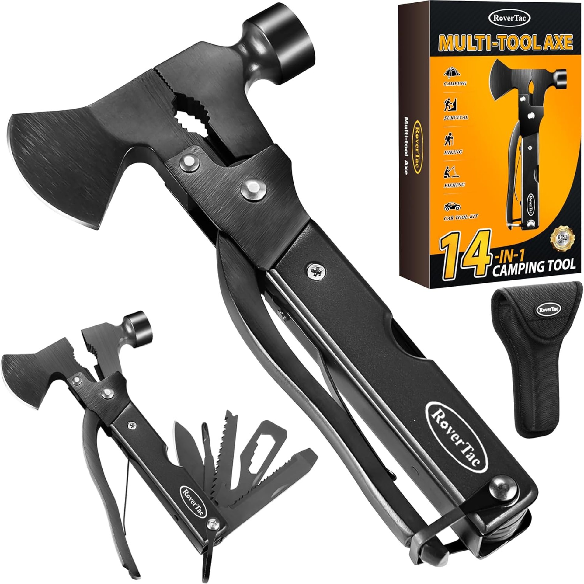 RoverTac 14-in-1 Multitool Camping Axe – Multi Tool with Knife, Hammer, Saw, Screwdrivers, Bottle Opener – Camping Tool with Sheath – Tool Gifts for Men, Dad, Husband, and Outdoor Enthusiasts. RoverTac 14-in-1 Multitool Camping Axe – Multi Tool with Knife, Hammer, Saw, Screwdrivers, Bottle Opener – Camping Tool with Sheath – Tool Gifts for Men, Dad, Husband, and Outdoor Enthusiasts.