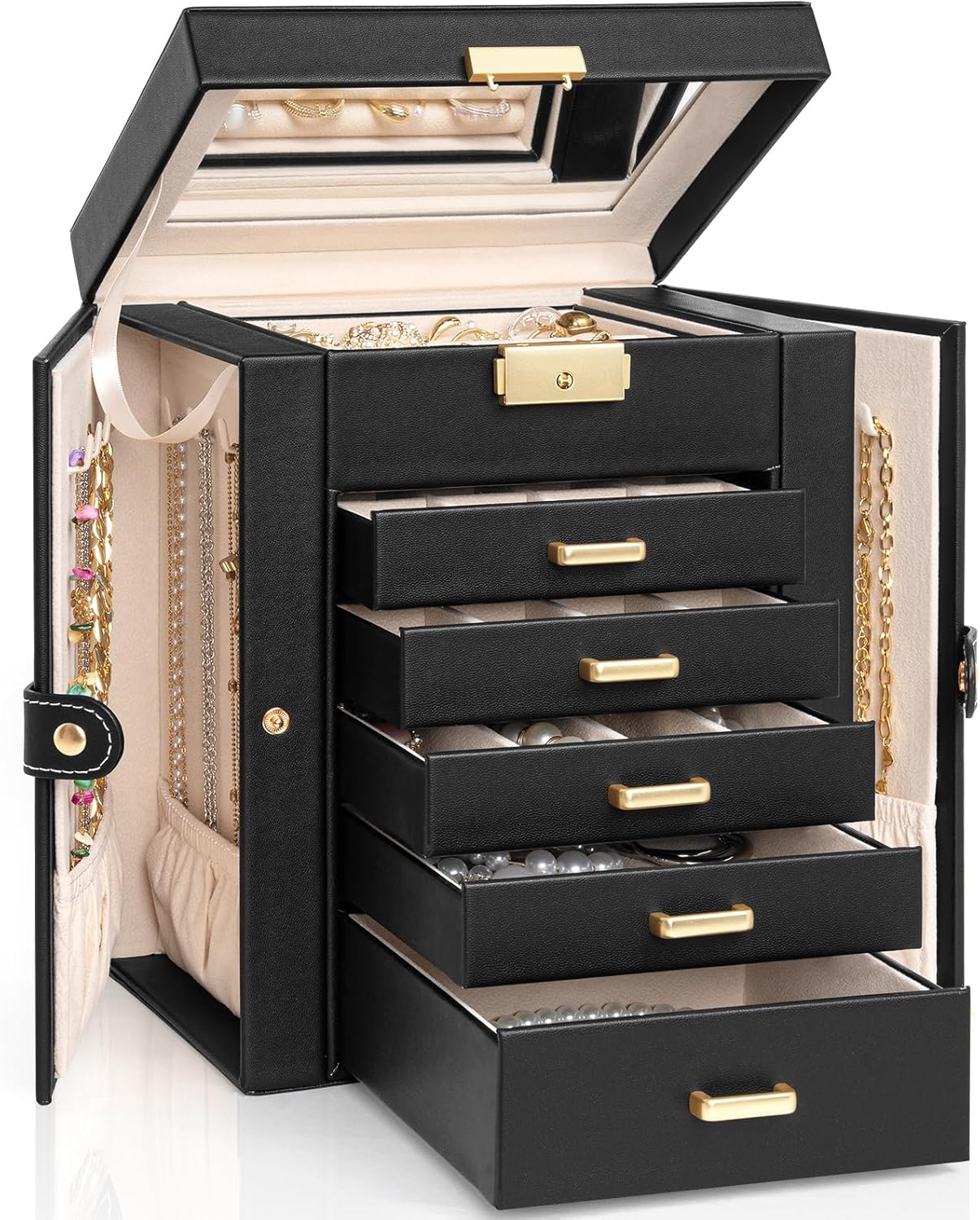 AKOZLIN 6-Tier Jewelry Box Lockable Leather Jewelry Storage Case with 5 Drawers for Women Girls Ring Necklace Earring Bracelet Holder Organizer with Mirror AKOZLIN 6-Tier Jewelry Box Lockable Leather Jewelry Storage Case with 5 Drawers for Women Girls Ring Necklace Earring Bracelet Holder Organizer with Mirror